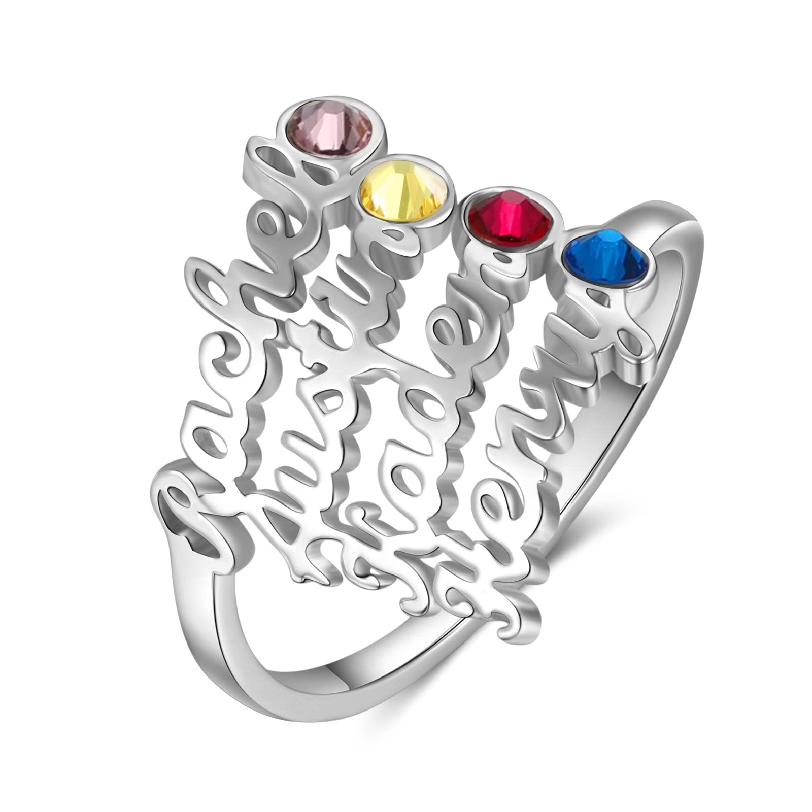 Personalized Name Ring with Birthstones - Custom Jewelry Gift for Her - Stackable Rings for Everyday Wear