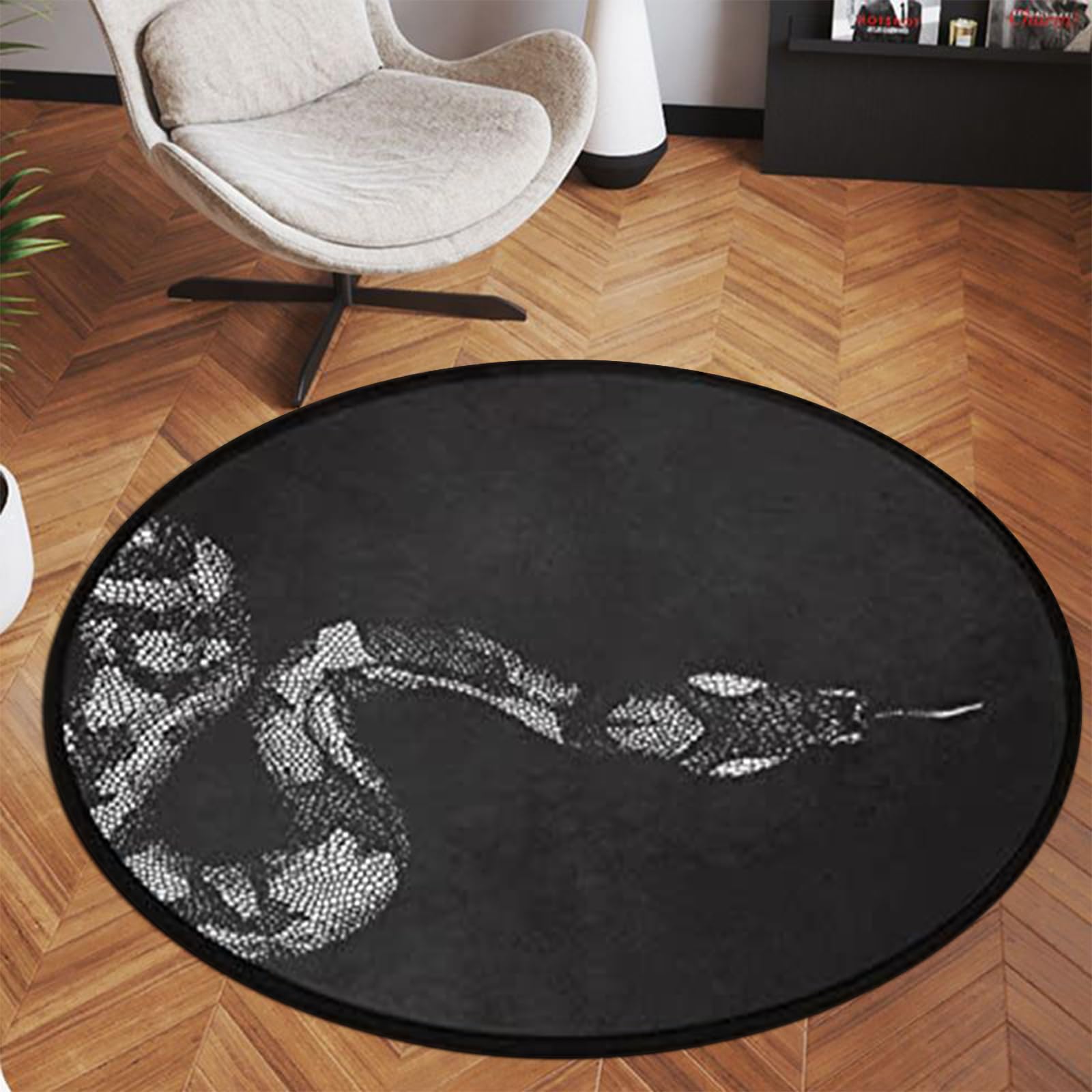 Non-Slip Black Snake Pattern Round Area Rug - 3' Diameter Doormat & Floor Mat for Bedroom, Living Room, Study | Perfect for Kids Play Area, Home Decor & High Traffic Entryways