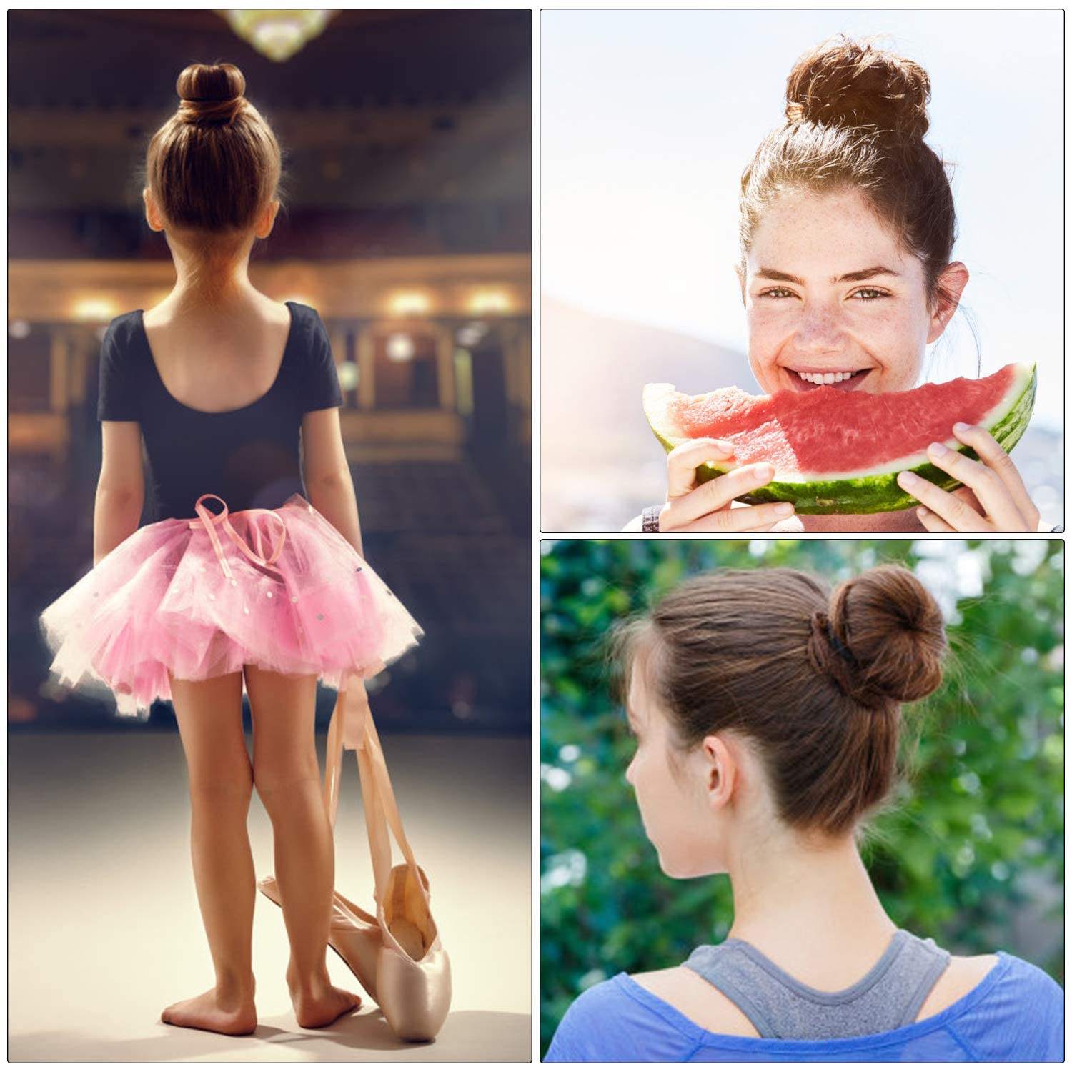 YaFex Hair Bun Maker Kit - 4 Pcs Donut Bun Makers (Large, Medium, Small) with 10 Hair Nets, 6 Elastic Hair Ties & 20 Bobby Pins - Perfect for Updos, Ballet, Wedding & Everyday Hairstyles (Brown)