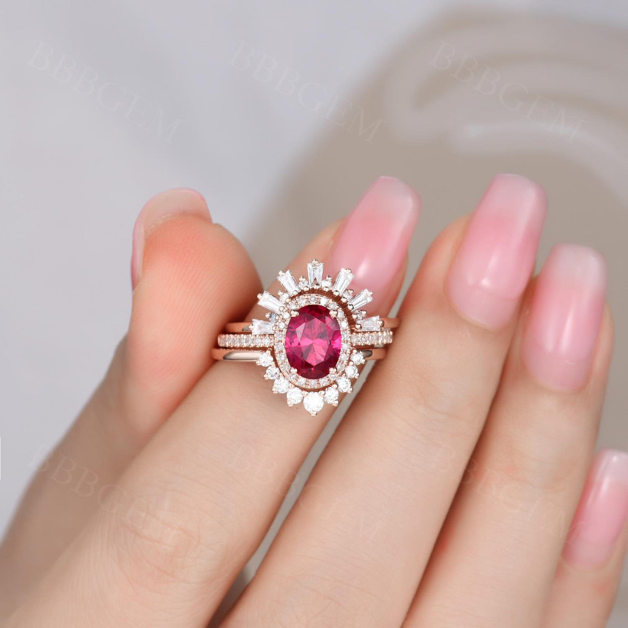 3-Piece Vintage Red Ruby Ring Set for Women - 18k Rose Gold Oval Halo Cocktail Rings | Elegant Jewelry Gift for Anniversary, Birthday & Special Occasions
