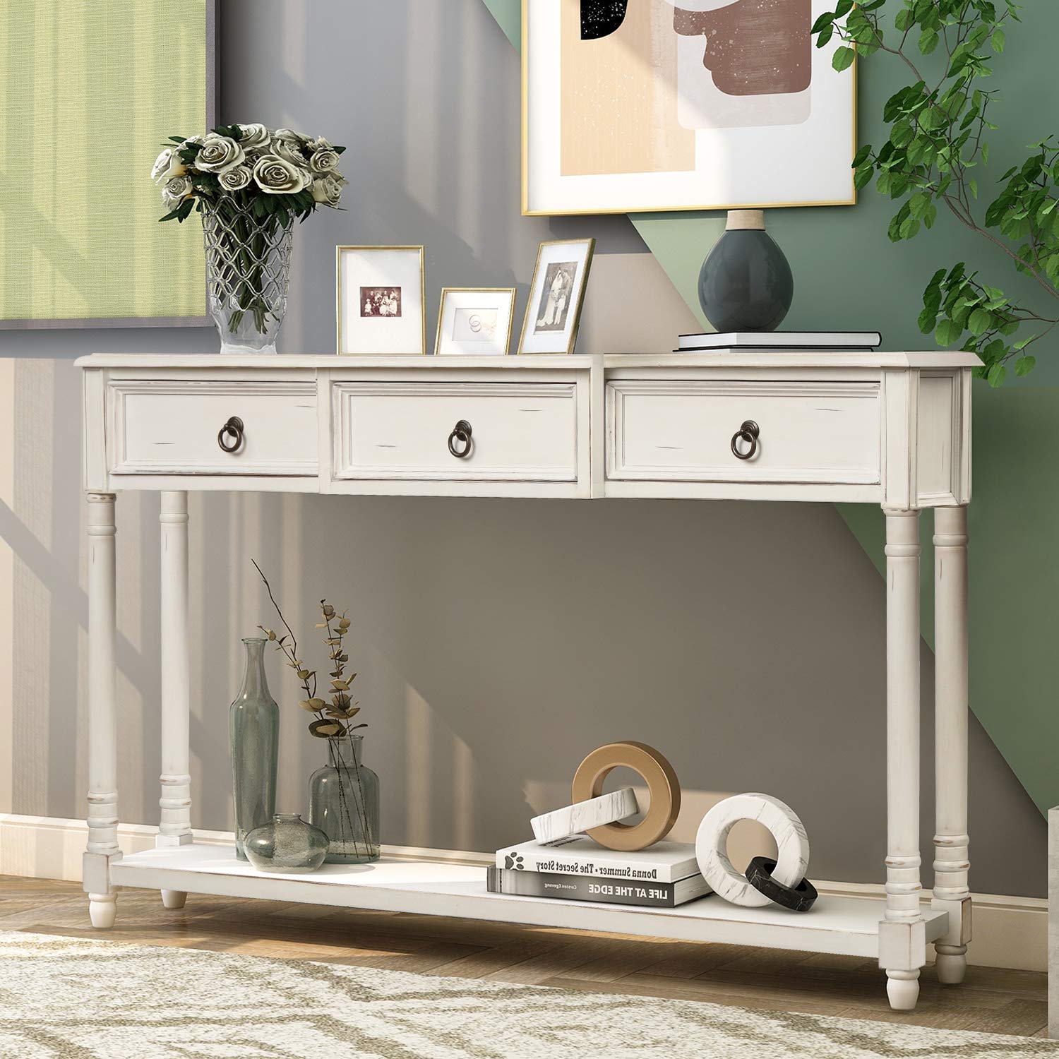 Antique White Square Wooden Console Table with Drawers & Long Shelf - Entryway Sofa Table, Living Room Cabinet - Perfect for Hallway Storage, Foyer Decor & Behind Sofa Organization
