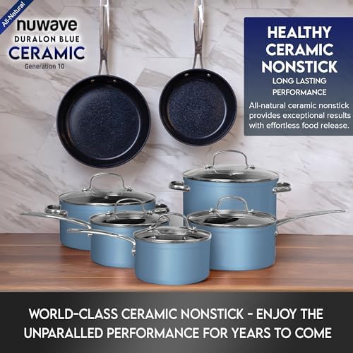 Nuwave Healthy Duralon Blue Ceramic Nonstick Cookware Set - Diamond Infused Scratch-Resistant PFAS-Free Pots & Pans | Dishwasher & Oven Safe | Induction Compatible with Even Heating | Tempered Glass Lids & Stay-Cool Handles | Perfect for Healthy Cooking, Frying & Baking at Home