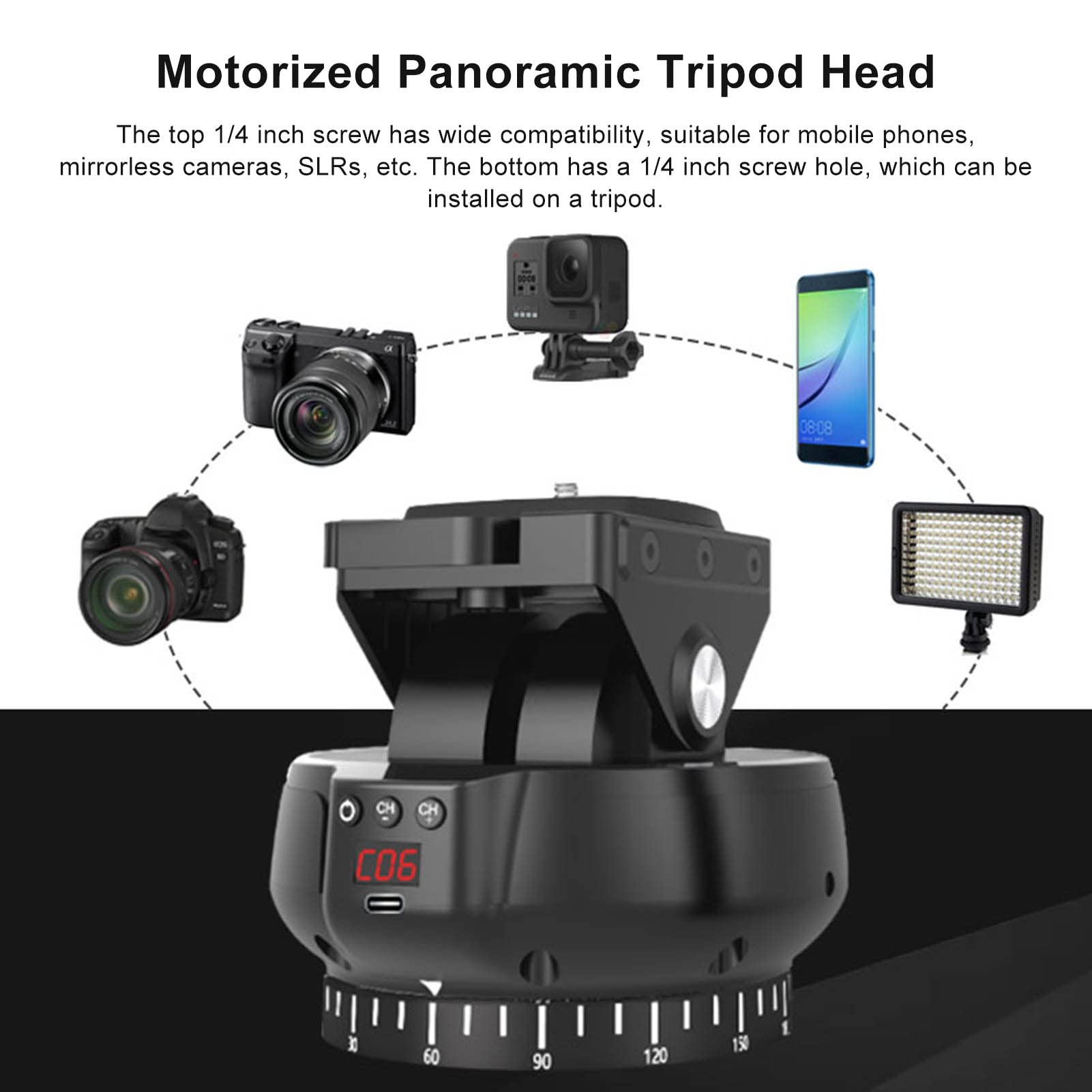 Yctze Motorized Panoramic Tripod Head - 360° Rotating 2.4G Wireless Remote Pan Tilt Head with Remote Control & Phone Clip for DSLR, Mirrorless Cameras & Smartphones - Perfect for Time-Lapse Photography, Vlogging & Live Streaming