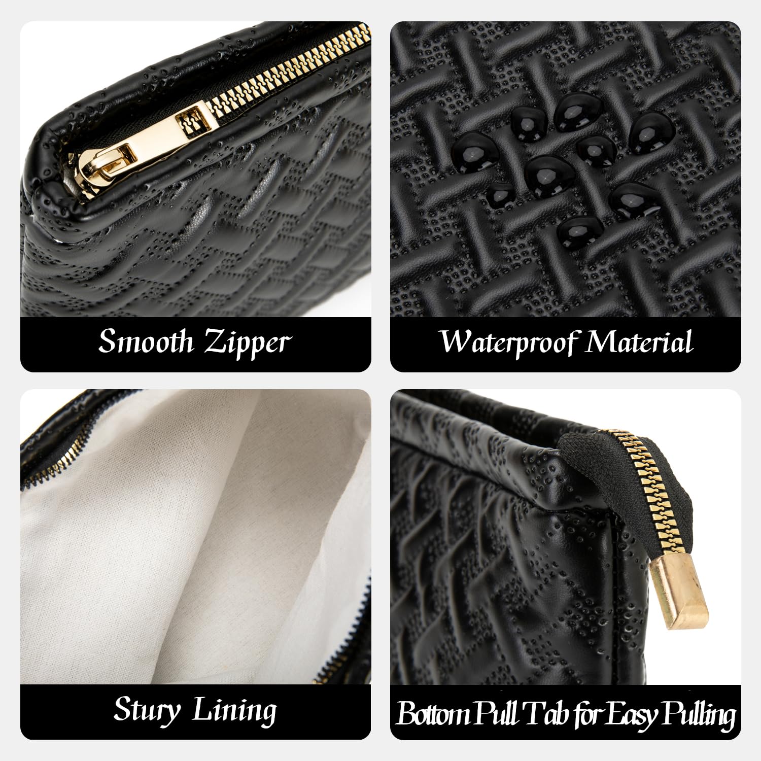 2 Pack Vegan Leather Makeup Bag for Women - Travel Toiletry & Cosmetic Organizer with Brush Holder - Perfect for Purse, Gym, Vacation Essentials (Black)
