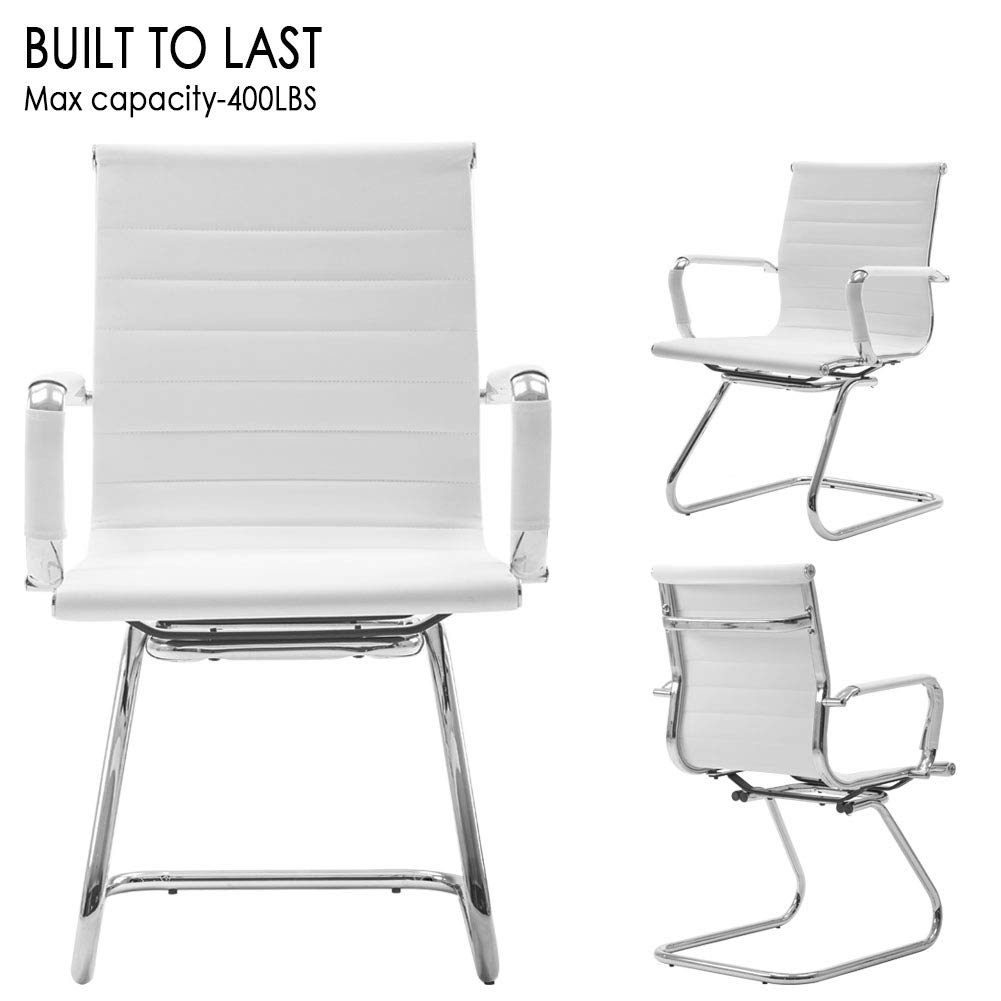 Premium Leather Reception Chairs - Heavy Duty Conference Chairs with Back Support, No Wheels, Set of 2 (White) - Perfect for Office Lobbies, Waiting Areas & Guest Seating