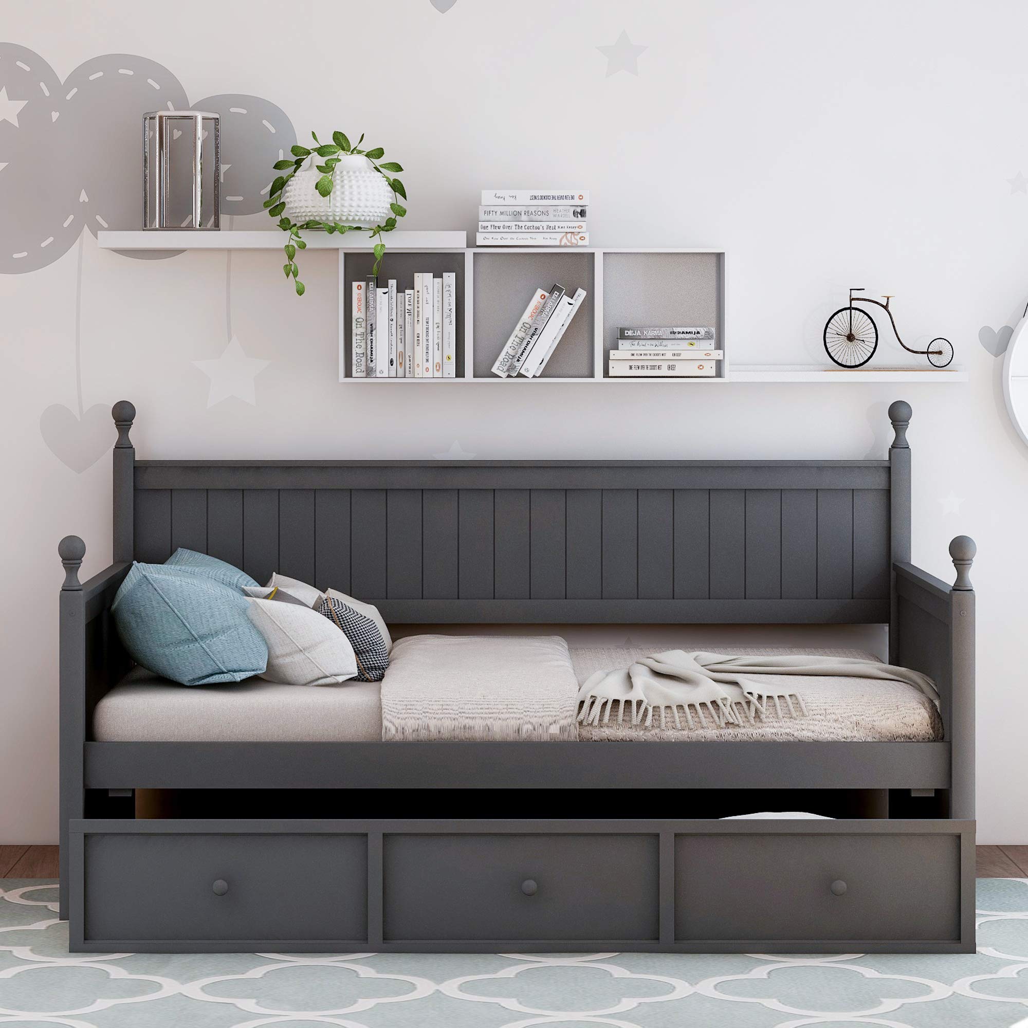 LZ LEISURE ZONE Twin Daybed with Drawers - Solid Wood Twin Size Daybed Frame, Convertible Sofa Bed for Bedroom & Living Room, No Box Spring Needed (Grey) - Perfect for Guest Rooms, Small Spaces & Multi-Functional Furniture Needs