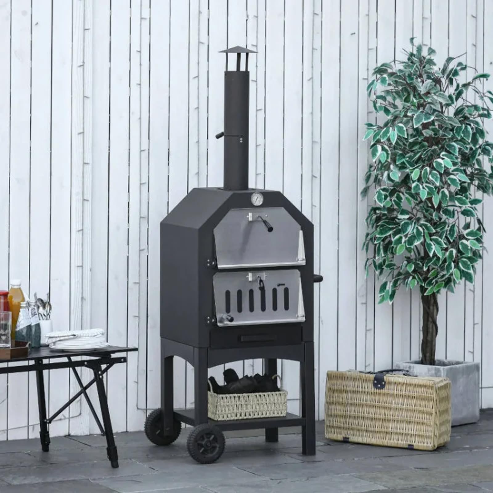 **Portable Wood-Fired Pizza Oven for Outdoor Cooking – Includes Pizza Stone, Peel, Grill Rack & Waterproof Cover – Perfect for Backyard BBQs, Camping Trips & Picnics (Black)**