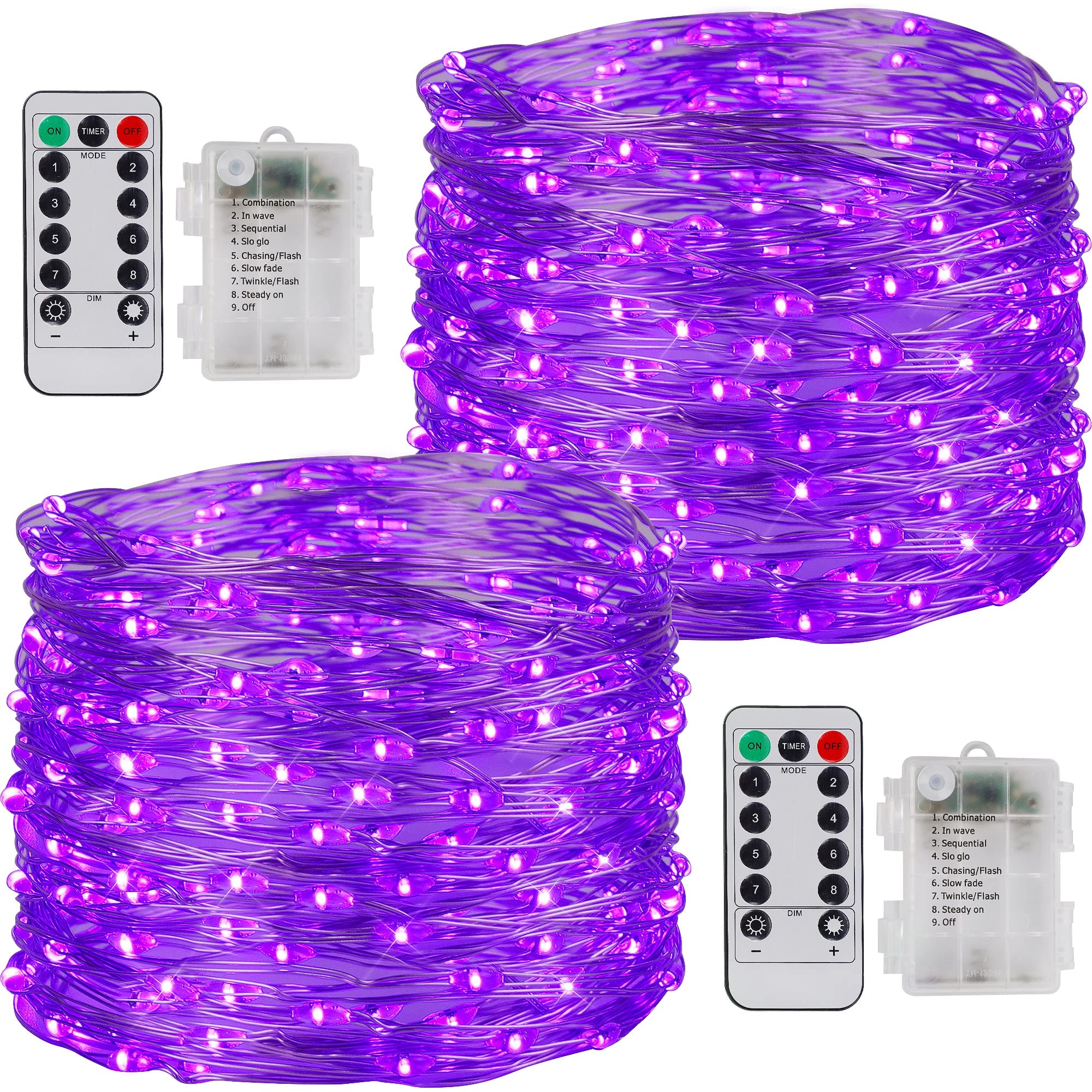 WATERGLIDE 33ft 100 LED Fairy String Lights - Purple Halloween Battery Operated Lights with Timer & 8 Modes, Remote Control, Waterproof for Indoor/Outdoor Christmas Party Decorations (2 Pack) - Perfect for Bedroom, Garden, Wedding, and Holiday Decor