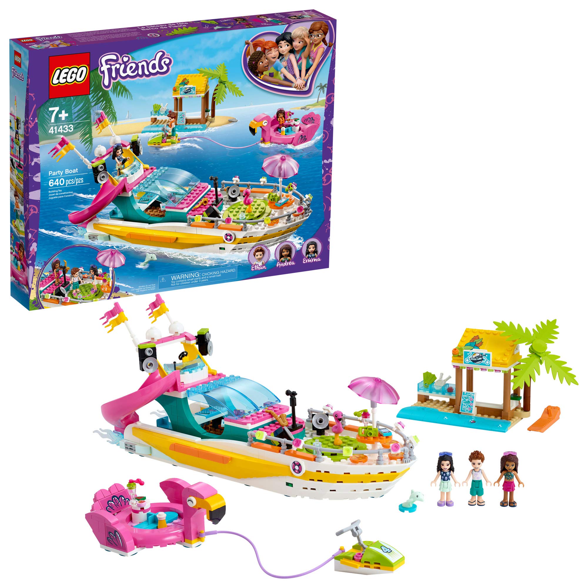 LEGO Friends Party Boat 41433 Building Toy Set with Emma, Andrea & Ethan Mini-Dolls - 640 Pieces, Beach Store & Flamingo Boat - Creative Summer Gift for Kids Ages 6+ | Perfect for Birthday Parties, Pool Play & Imaginative Adventures