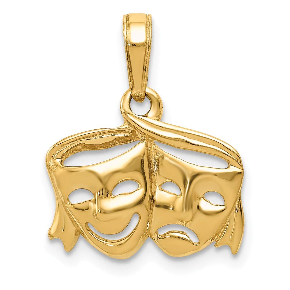 14K Yellow Gold Comedy and Tragedy Pendant Charm - 13mm x 15mm - Brushed Matte Finish - Open Back Design - Perfect for Necklaces, Bracelets, and Theater Lovers Jewelry Gifts
