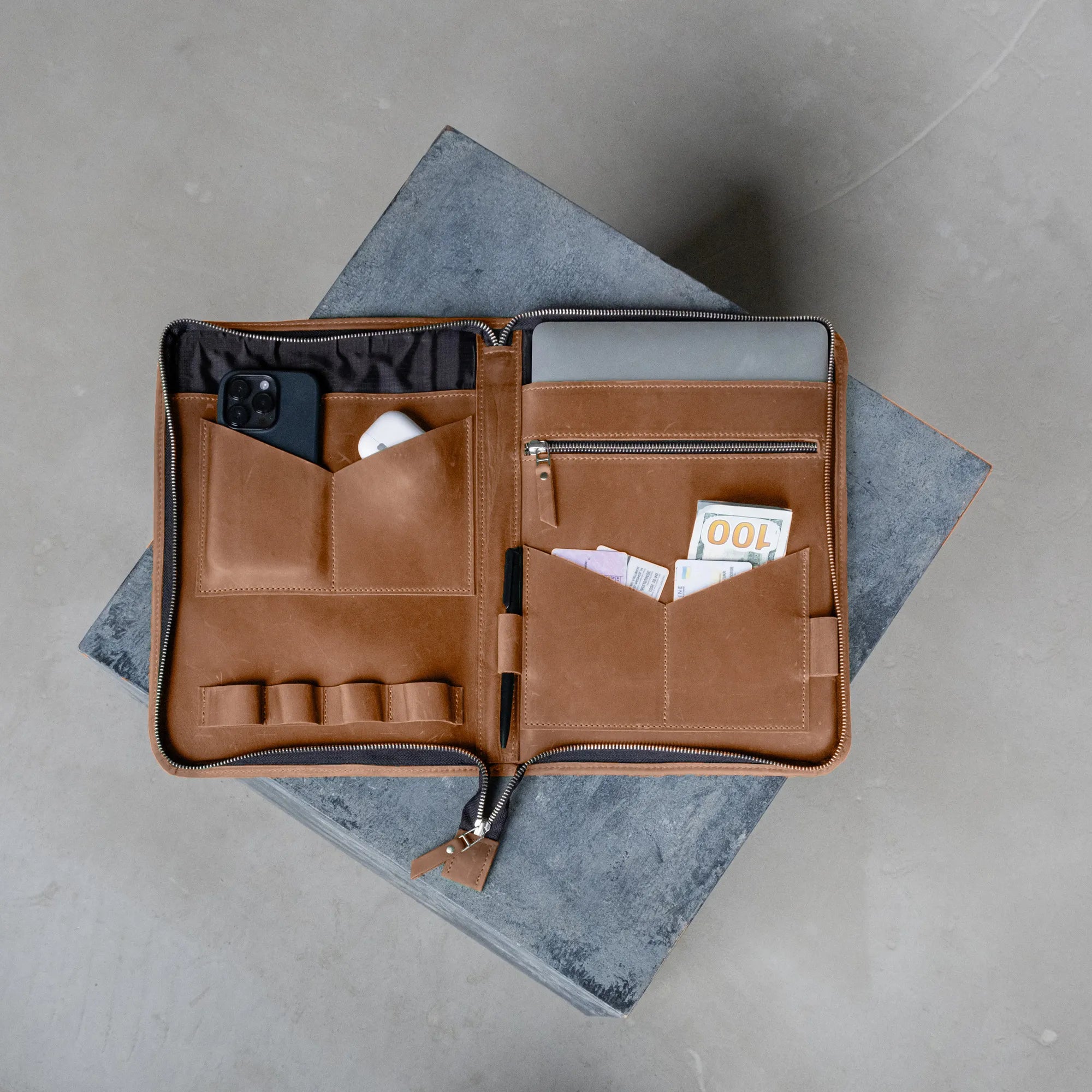 Premium Zippered Leather Padfolio with Notepad Holder - Professional Business Portfolio Organizer for Meetings, Presentations & Office Use