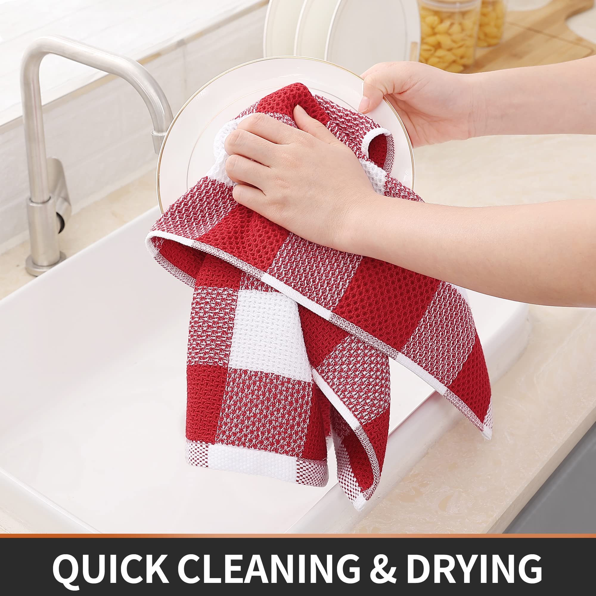 Homaxy 100% Cotton Waffle Weave Check Plaid Kitchen Towels - Super Soft & Absorbent Dish Towels (13x28 Inches, 4-Pack, White & Red) - Perfect for Drying Dishes, Cleaning Countertops & Adding Farmhouse Charm to Your Kitchen