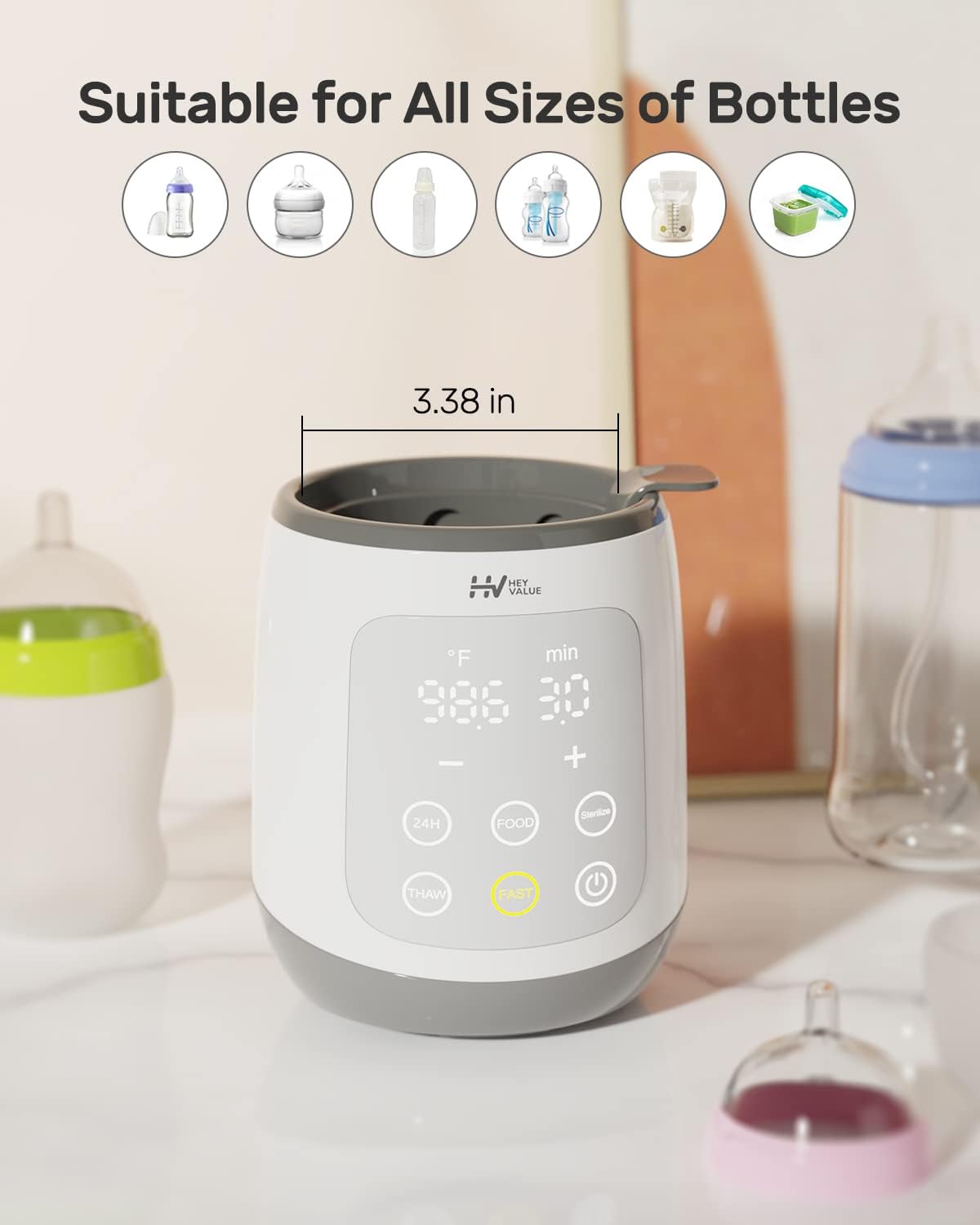 HEYVALUE 10-in-1 Bottle Warmer & Baby Food Heater - Fast BPA-Free Milk Warmer with LED Display & Precise Temperature Control for Breastmilk, Formula - Perfect for Night Feedings, Travel & Daycare Use