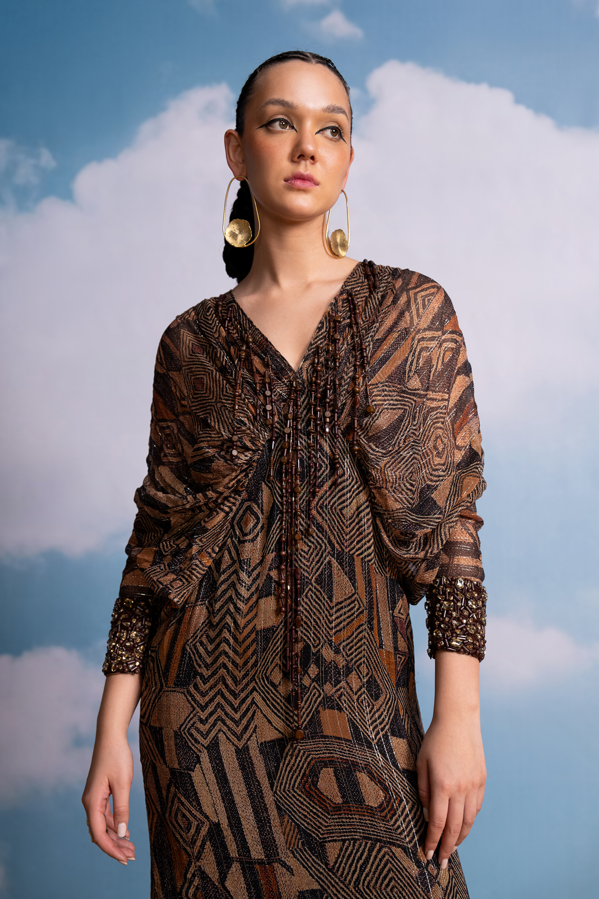 Elegant Brown Geometric Kimono Dress with Handmade Tassels & Embroidered Cuffs | Boho Chic Women's Fashion for Casual Wear, Beach Cover-Up & Special Occasions