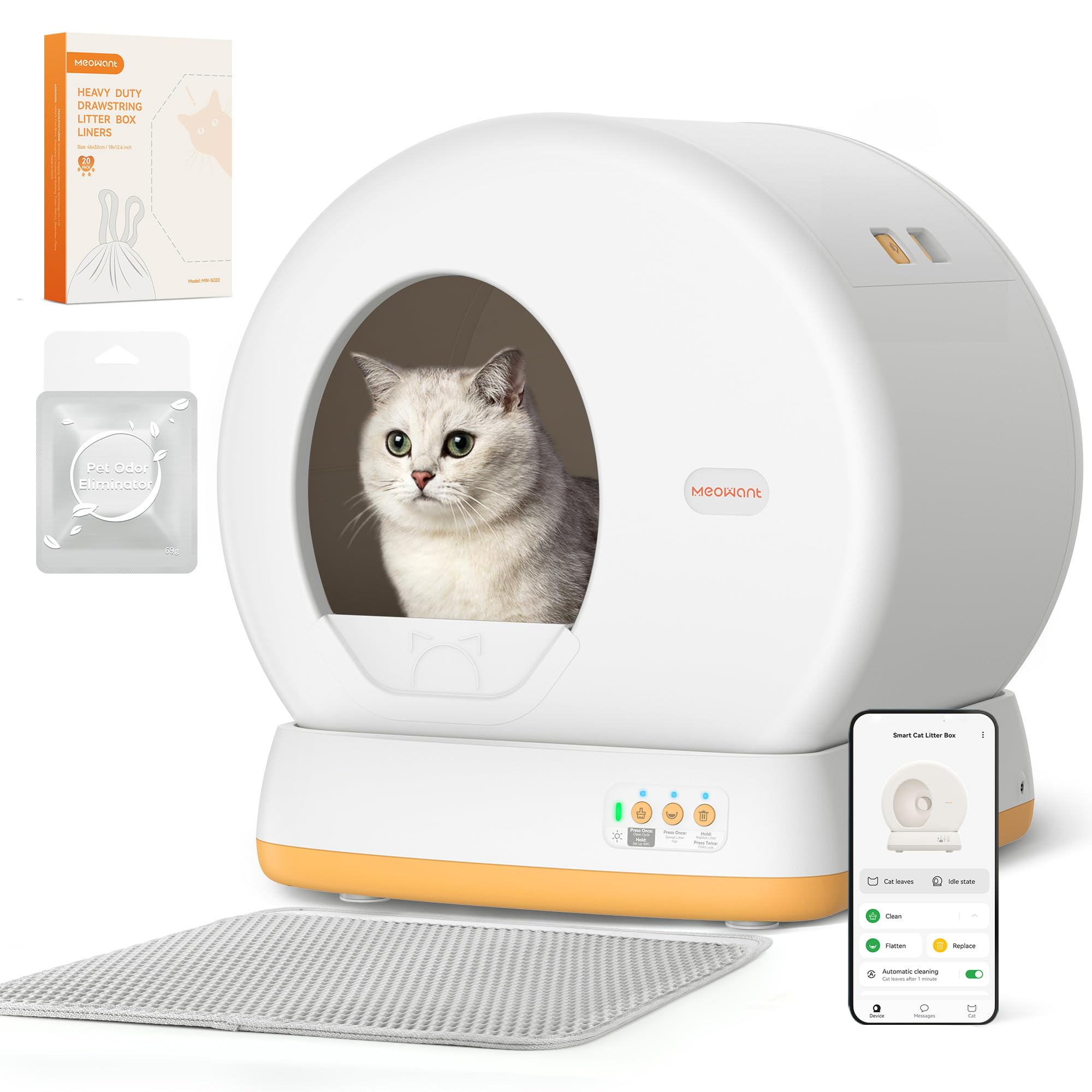 MeoWant Self-Cleaning Cat Litter Box with Odor Control & APP Control - Extra Large Automatic Litter Box for Multiple Cats - Smart Safety System with Mat & Liner (Yellow) - Perfect for Home, Apartment & Pet Owners