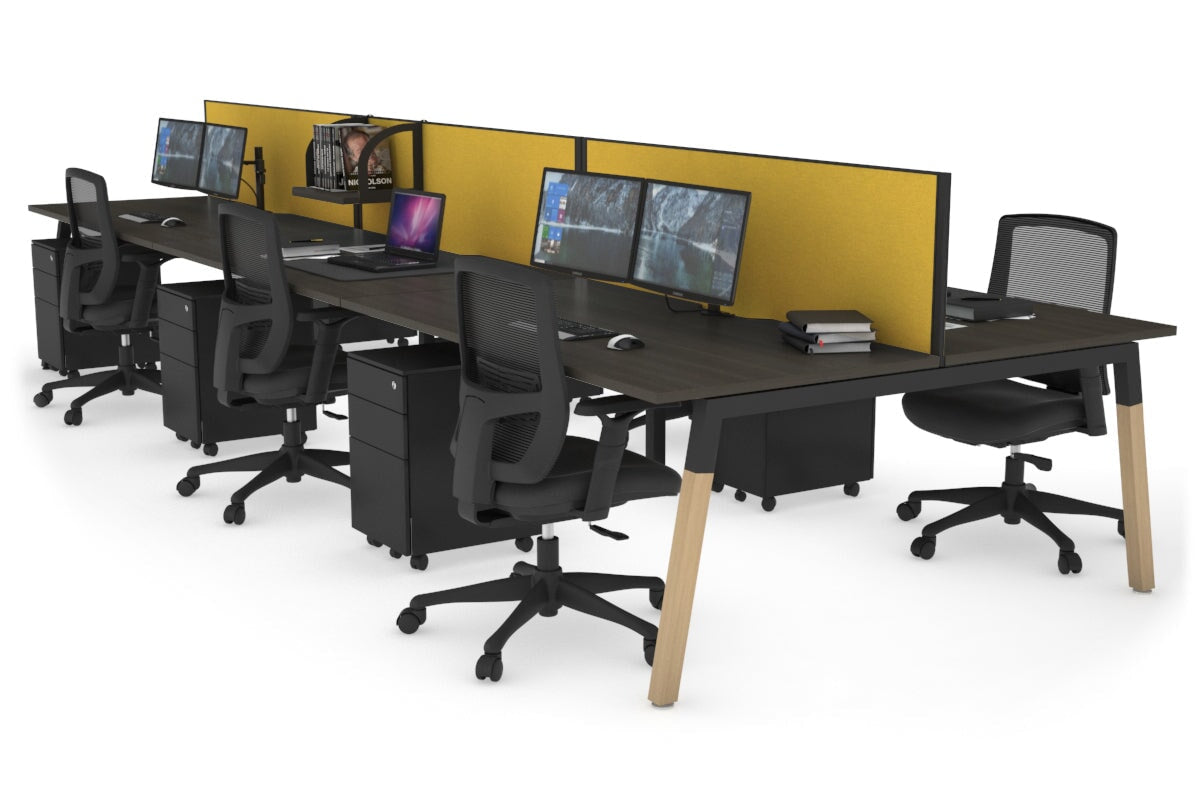 Quadro A Legs 6-Person Office Workstation with Wood Legs & Cross Beam - 1400L x 800W with Cable Management Scallop | Perfect for Collaborative Workspaces, Open Offices & Coworking Environments