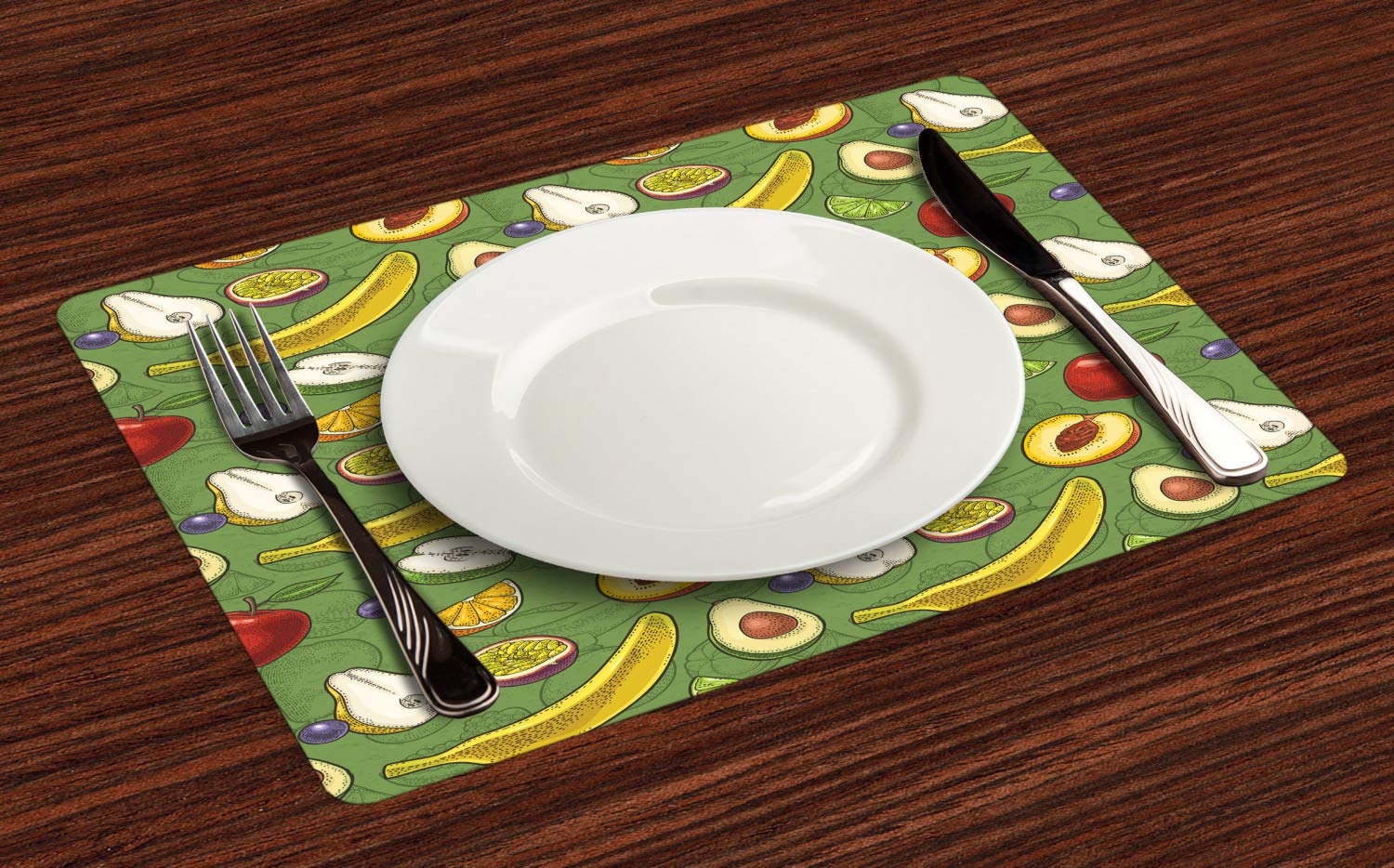 Ambesonne 4-Pack Fruit-Themed Placemats - Washable Fabric Dining Table Mats with Avocado, Apple, Banana & Grape Patterns (Standard Size, Peacock Green/Earth Yellow) | Perfect for Kitchen, Breakfast Nook & Outdoor Picnics