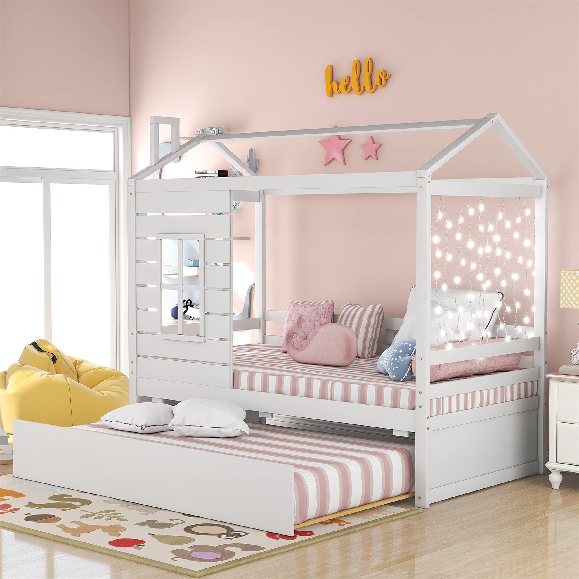 Wooden Twin House Bed with Trundle - White Daybed Platform Bed for Kids, Teens, Boys & Girls | Perfect for Small Bedrooms, Guest Rooms & Playrooms