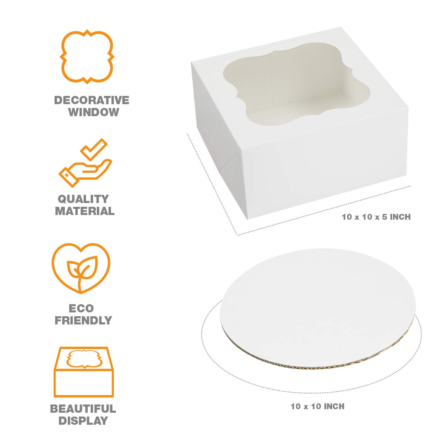 SELMY 10 Inch Cake Boxes with Window [12-Pack] - 10x10x5 White Bakery Boxes with Boards & Stickers for Birthday, Wedding, and Party Desserts