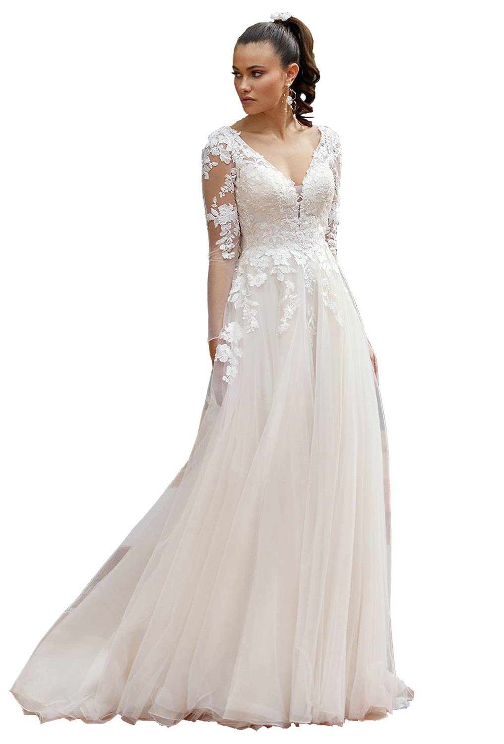 Elegant Lace Beach Wedding Dress for Bride 2022 with Sleeves - Women's Romantic Bridal Gown for Beach Ceremony, Destination Wedding & Outdoor Photos