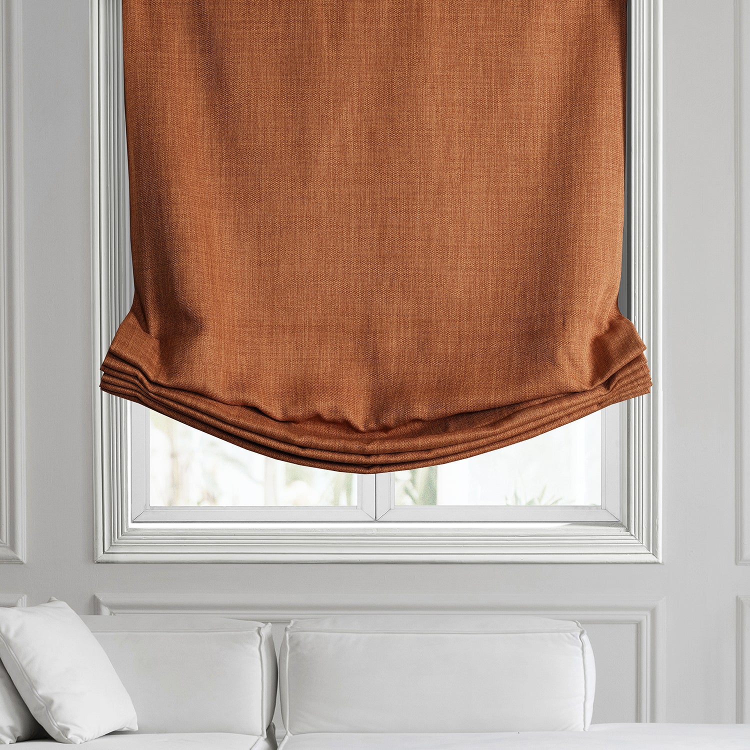 Desert Orange Textured Faux Linen Roman Shade - Elegant Window Treatment for Living Room, Bedroom & Office Decor