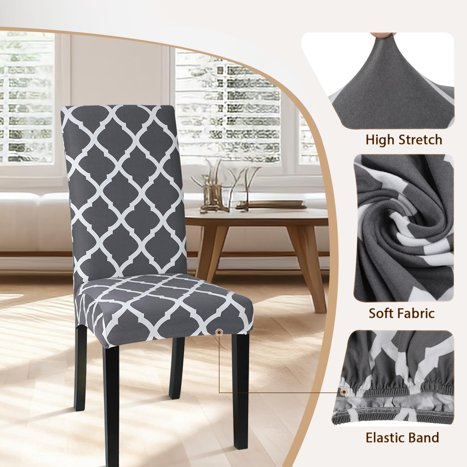 Stretch Geometric Parsons Chair Slipcovers Set of 2 - Washable Spandex Dining Chair Covers for Kitchen, Restaurant, Wedding & Home Decor (Gray + White) | Perfect for Dining Rooms, Hotels & Special Events