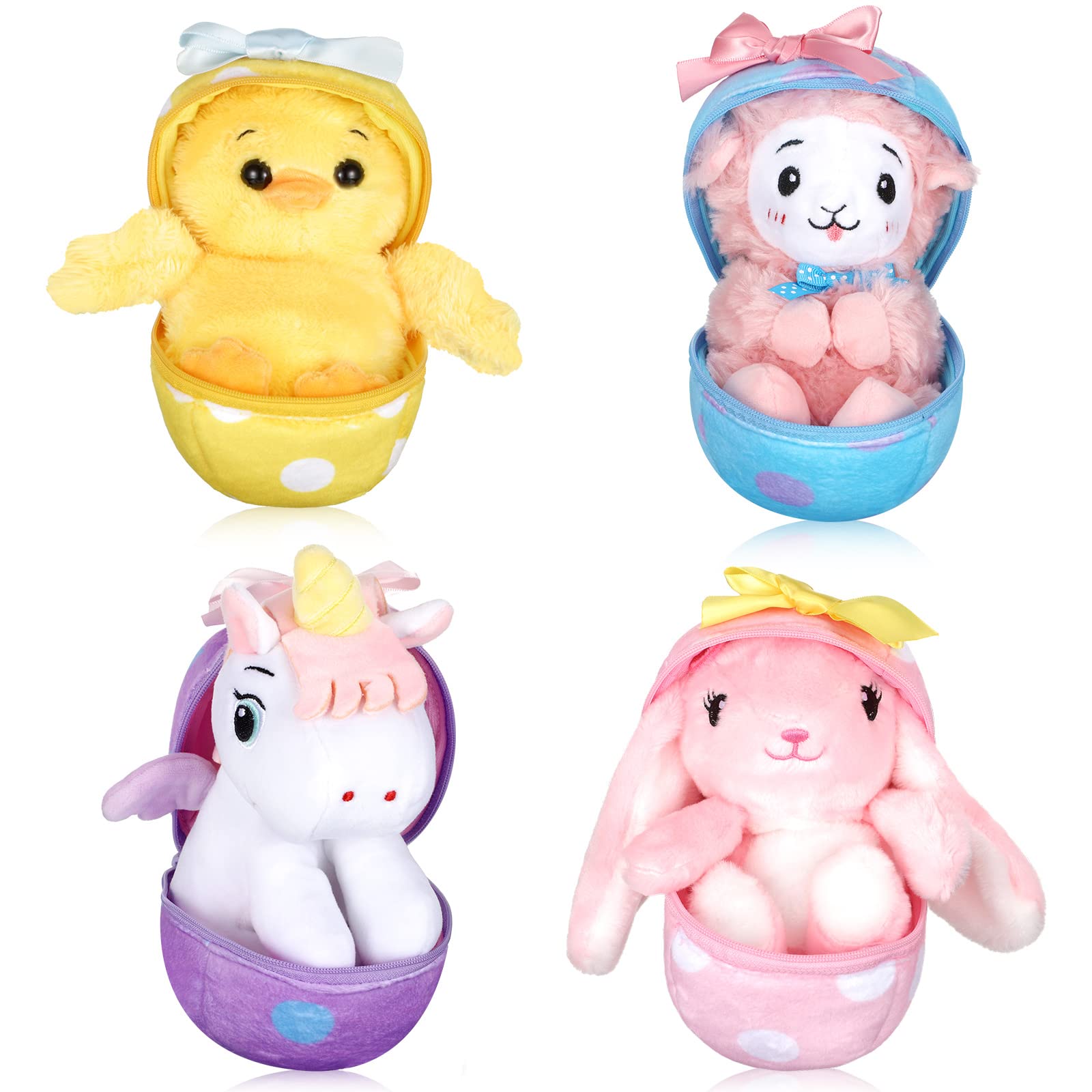 Skylety 4-Pack 6-Inch Easter Egg Stuffed Animals with Llama, Unicorn, Chick & Rabbit Plush Toys - Perfect for Easter Basket Stuffers, Gift Exchanges, Party Favors & Spring Celebrations