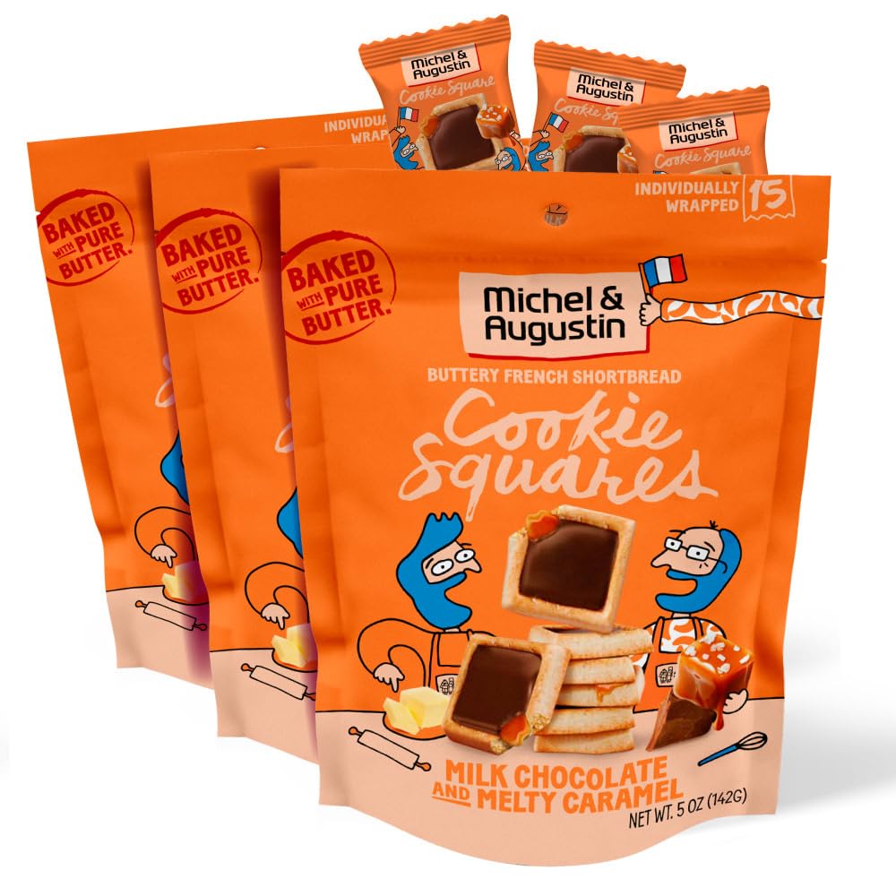 Michel et Augustin Gourmet Milk Chocolate & Caramel Shortbread Cookies - 3 Pack (45 Individually Wrapped French Butter Cookies) | Perfect for Gifts, Parties & Afternoon Tea | Premium French Bakery Treats