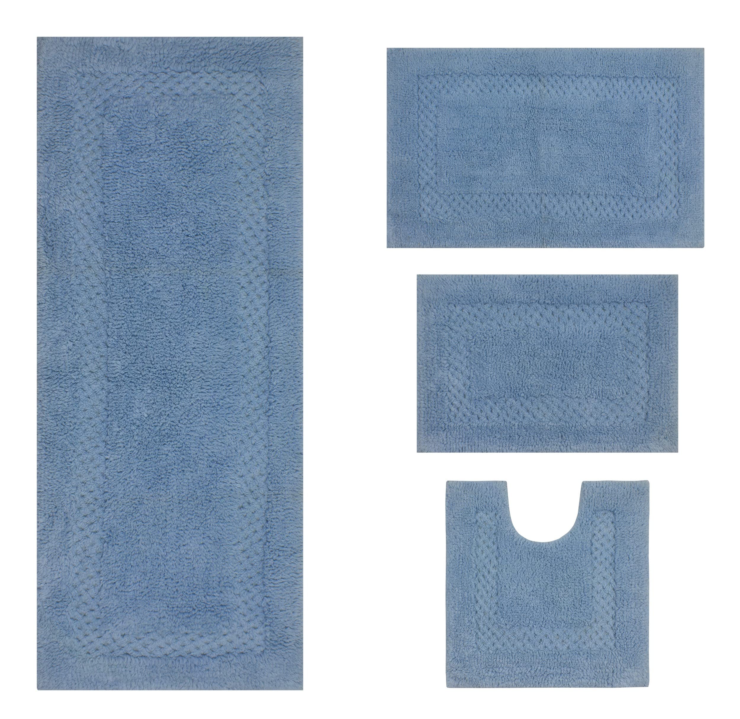 Premium 100% Cotton Bathroom Rugs Set - Ultra Soft & Absorbent Non-Slip Bath Mats for Shower, Tub & Vanity Area - Machine Washable 4-Piece Set with Runner (Blue) - Perfect for Bathroom, Kitchen & Entryway Decor