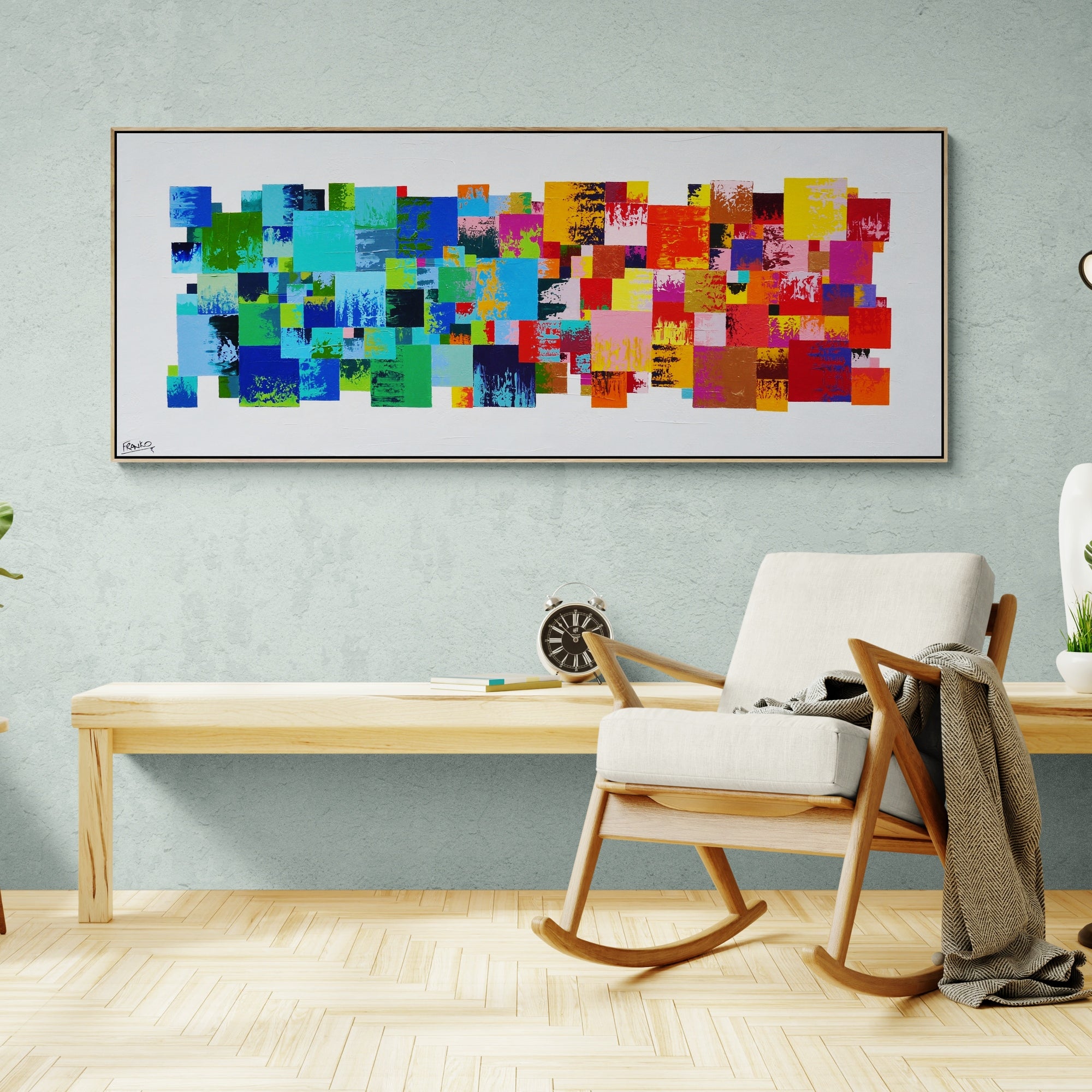 200cm x 80cm Colorful Checker Textured Abstract Canvas Painting - Modern Wall Art for Living Room, Bedroom & Office Decor
