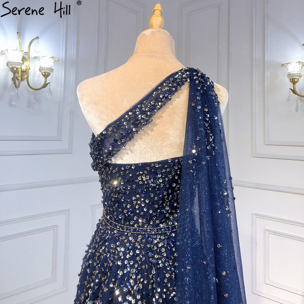 Elegant Navy Blue One Shoulder Cape Sleeve Evening Gown with Beaded Details - A-Line Formal Dress for Women 2025 | Perfect for Prom, Gala, Wedding & Special Occasions