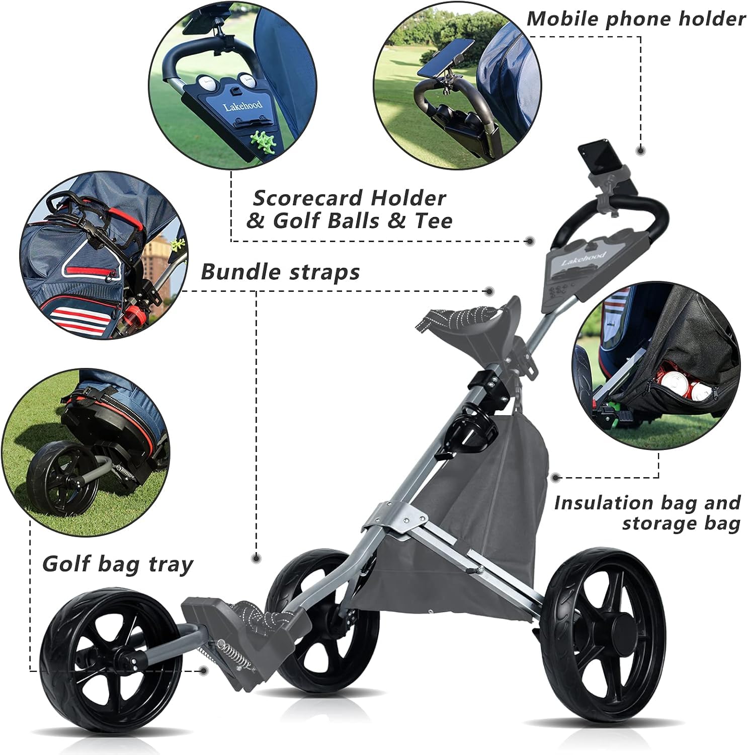 Lightweight & Easy Folding 3 Wheel Golf Push Cart with Phone Holder, Cup Holder, Scorecard & Ice Bag - Convenient Golf Accessories for Comfortable Play on the Course | Perfect for Golfers, Seniors & Beginners