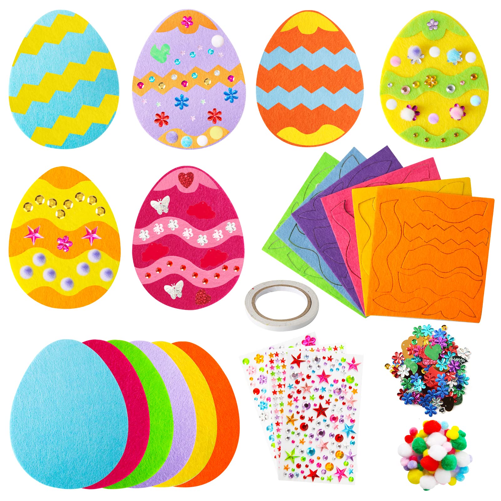 18-Pack Large Easter Egg Stickers for Kids - Colorful EVA Foam Stickers with Diamonds, Flowers & Pompoms - DIY Easter Egg Decorations & Craft Supplies for Classroom, Party Favors & Holiday Projects