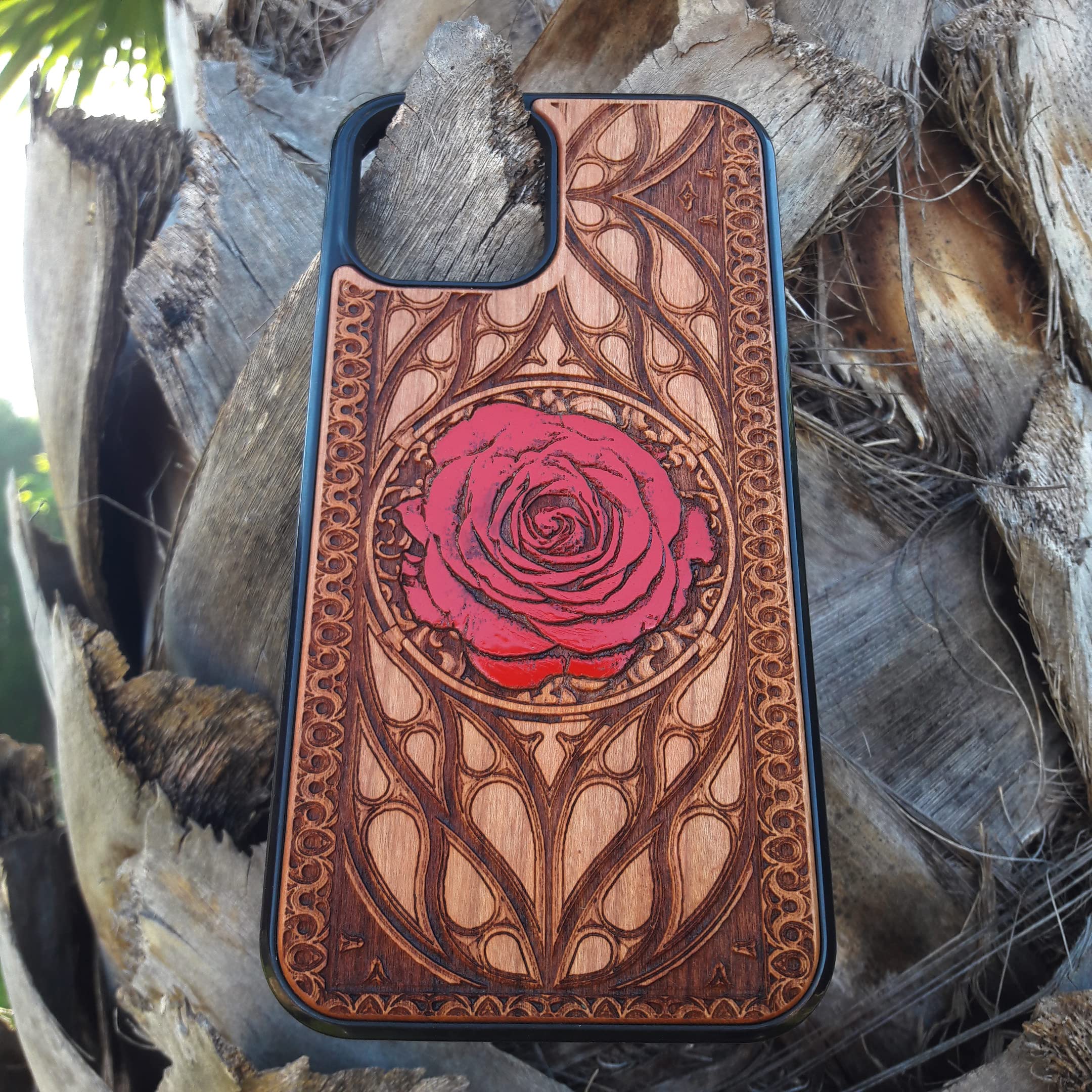 Elegant Red Rose Laser Engraved Wood Phone Case for iPhone 16/15/14/13/12/11 Pro Max Mini & Galaxy S25/S24/S23/S22/S21/S20 Ultra Plus - Eco-Friendly Slim Durable Wooden Cover - Perfect Gift for Valentine's Day & Anniversary