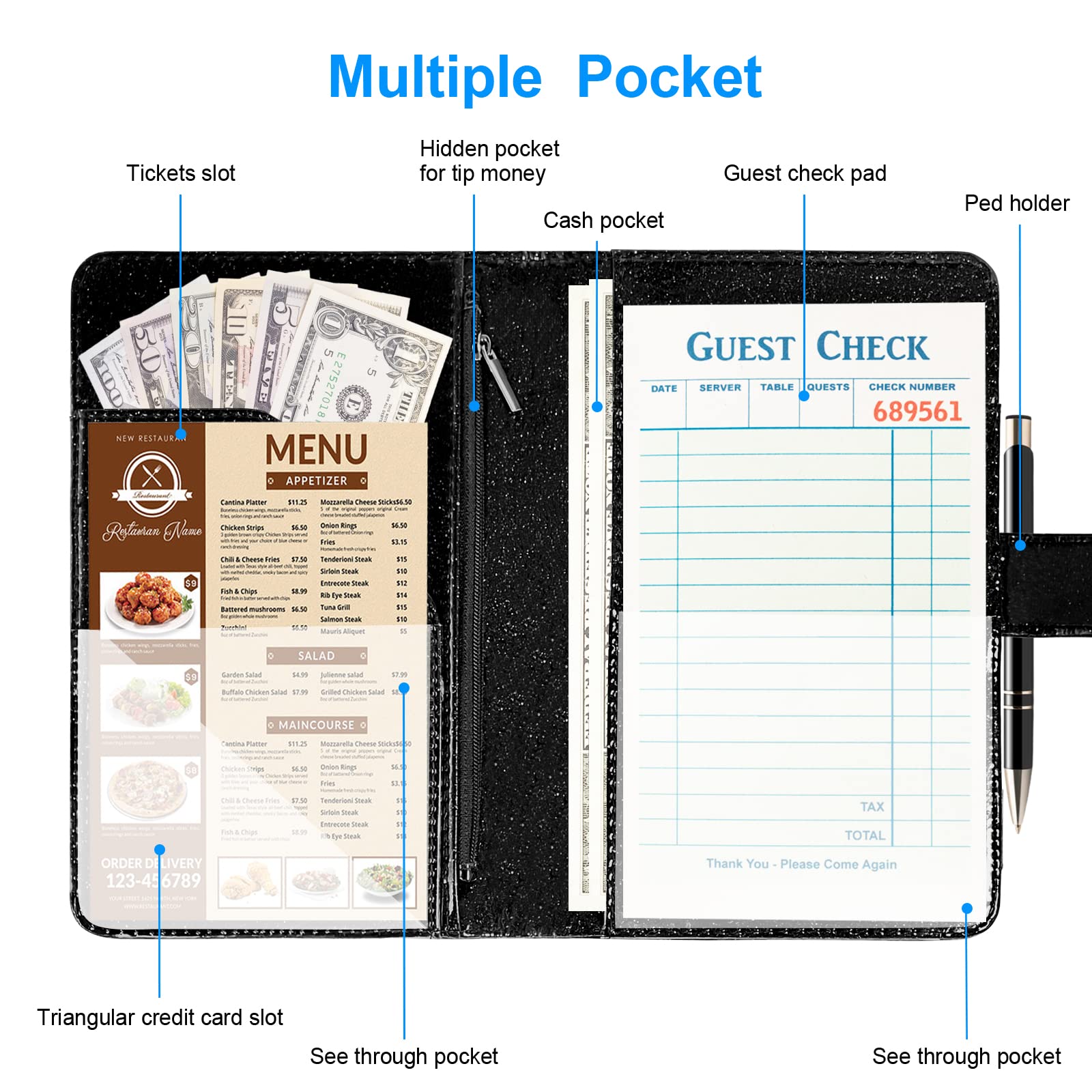 Leather Waiter Book Organizer with Zipper Pocket & Pen Holder - Bling Waitress Money Wallet for Restaurant Staff - Glitter Black Server Book - Perfect for Waitress Tips, Order Tracking & Cash Management