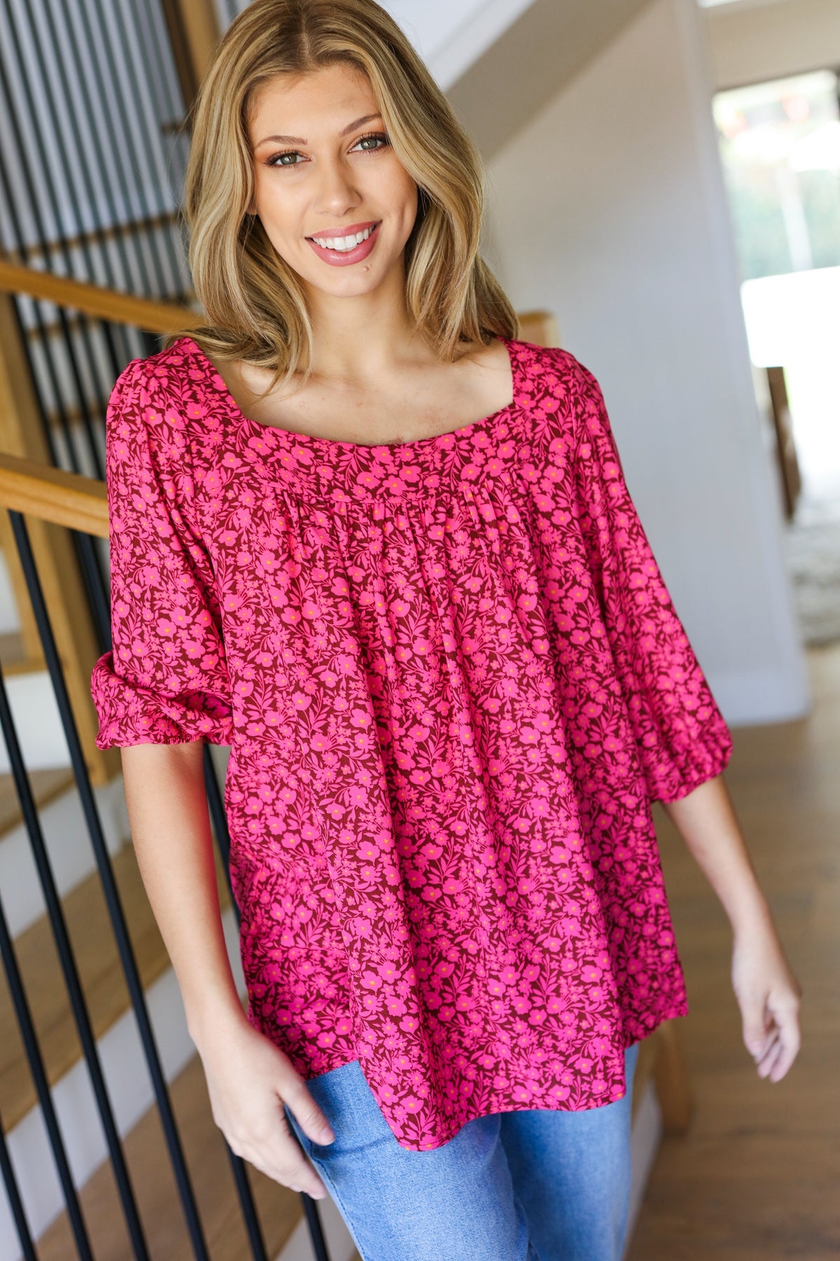 Perfectly You Fuchsia Floral Print Three Quarter Sleeve Square Neck Blouse for Women | Casual Spring Summer Tops for Office Wear & Date Night Outfits