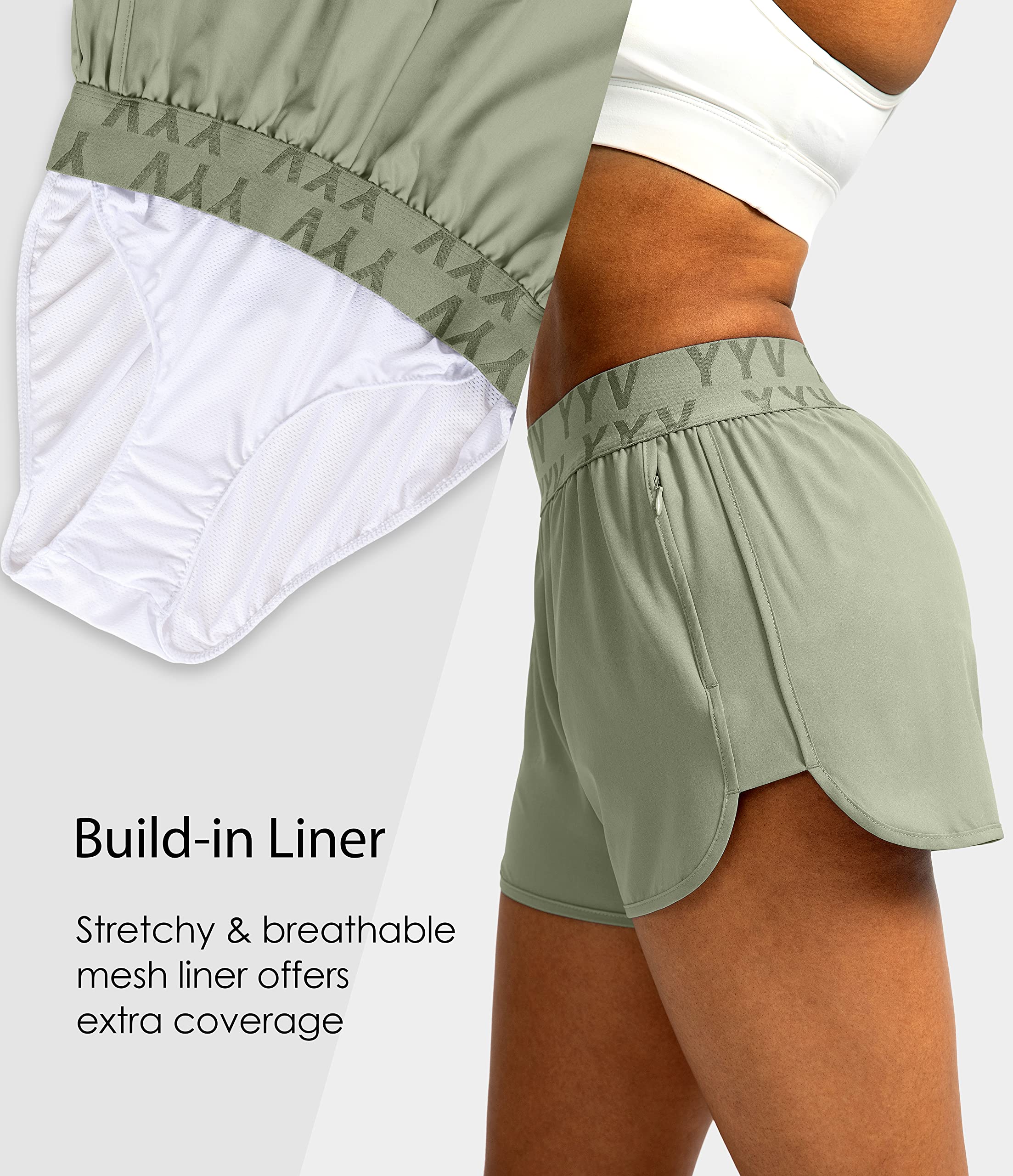 YYV Women's Running Shorts with Zipper Pockets - Quick-Dry Elastic Waist Athletic Gym Shorts with Liner - Perfect for Jogging, Workouts & Yoga