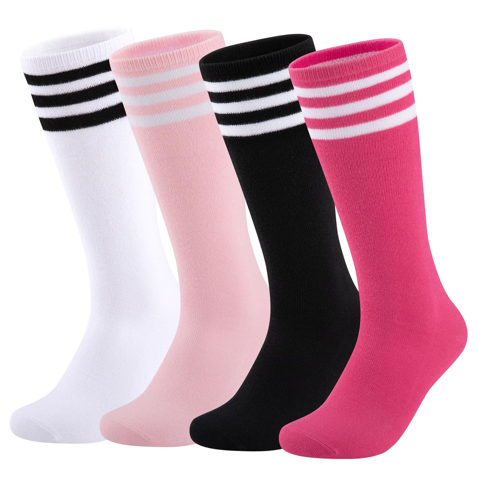 **Comfoex Kids Soccer Socks 4 Pairs - Girls Baseball & Football Sports Knee High Socks with Cotton Stripes - Perfect for Soccer, Baseball, Football & School Sports**