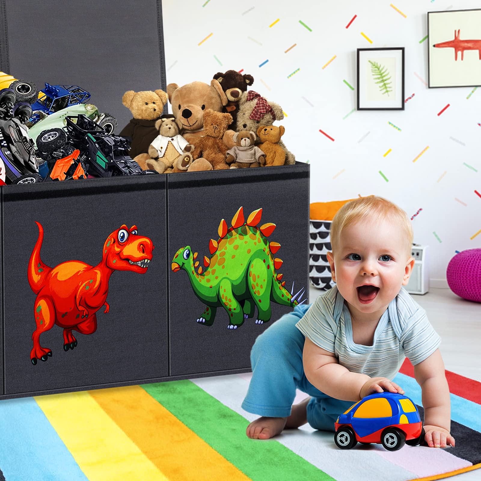 Dinosaur Toy Storage Box for Kids - Large Collapsible Toy Chest with Lid, Sturdy Organizer for Boys & Girls, Nursery, Playroom, Closet - 40.6
