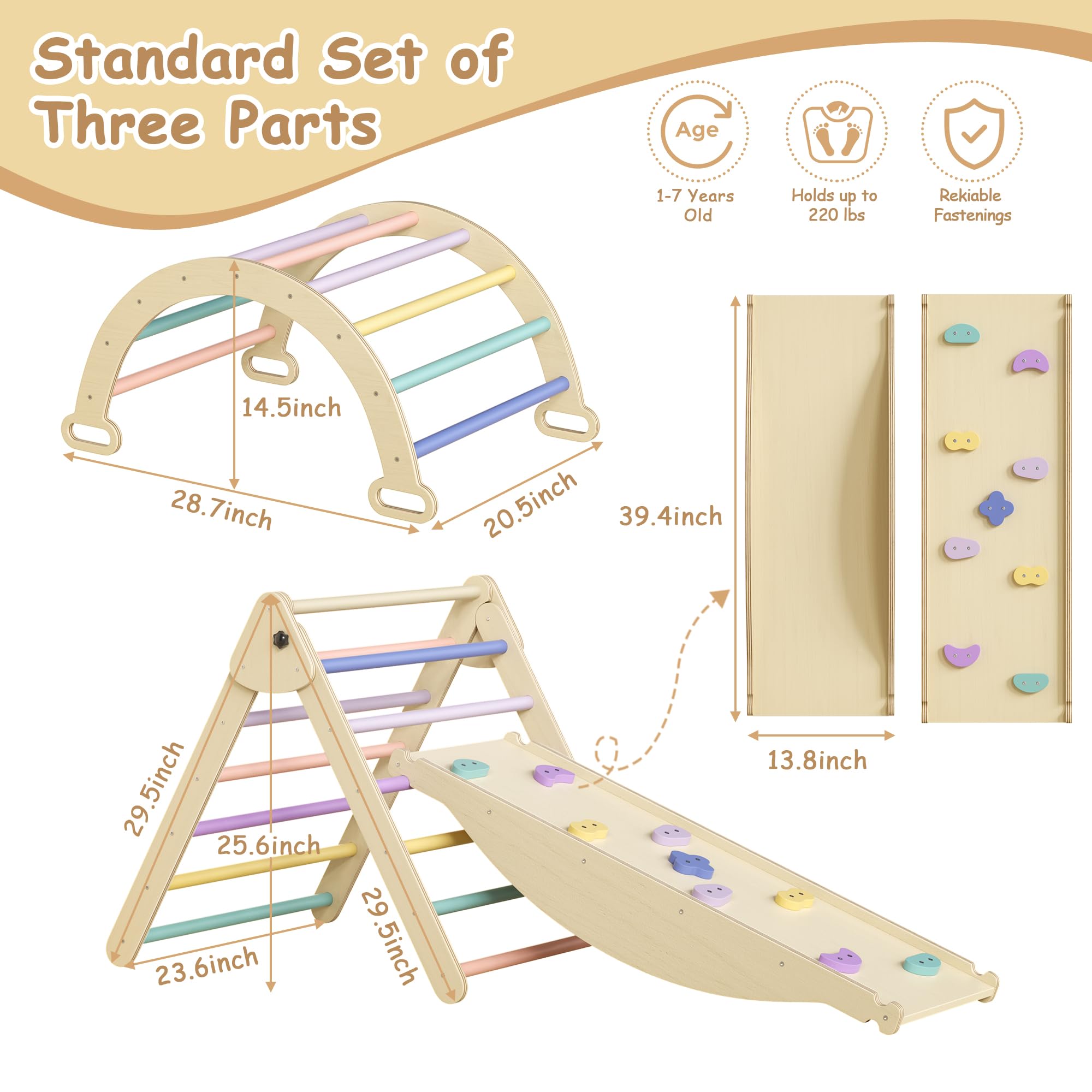 ROOMTEC 5-in-1 Montessori Pikler Triangle Set - Baby Climbing Toys for Toddlers with Arch, Ramp & Triangle - Indoor & Outdoor Play Gym for Kids - Perfect for Home Playroom, Daycare & Backyard Activities