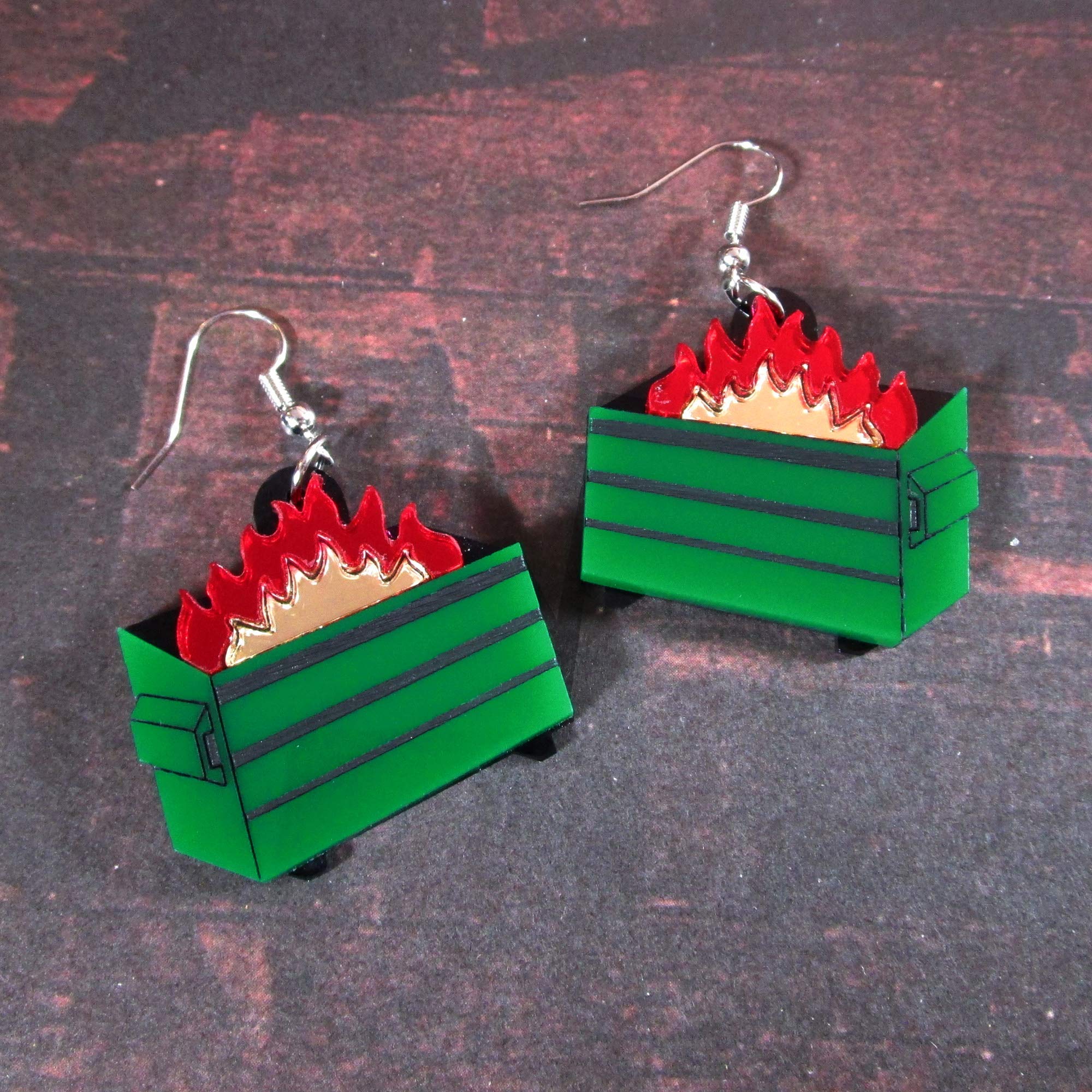 Funny Green Dumpster Fire Burning Trash Garbage Dangle Earrings - Unique Novelty Jewelry for Women - Perfect for Costume Parties, Gifts & Statement Fashion