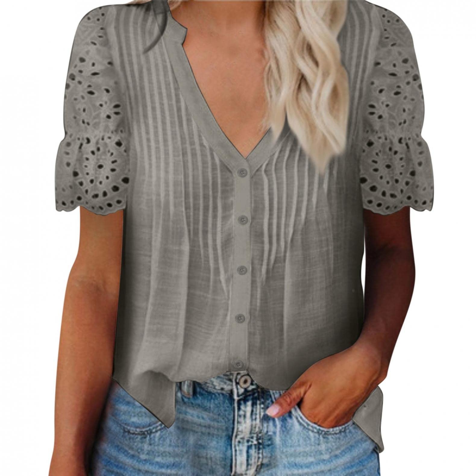 Women's V-Neck Lace Puff Short Sleeve Pleated T-Shirt - Elegant Summer Tunic Blouse for Casual, Work & Office Wear | Perfect for Business Casual, Date Night & Weekend Outings
