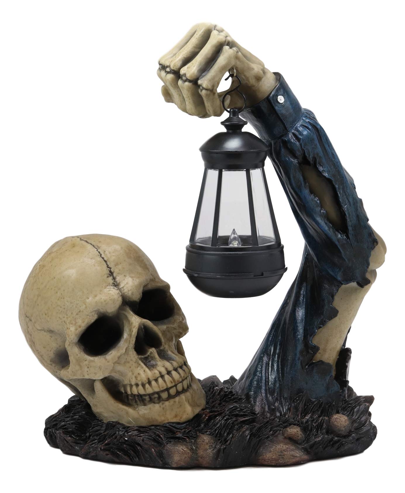 Ebros Solar Powered LED Skeleton Rising from Grave Statue - Deathly Hallows Inspired Halloween Patio Decor with Lantern Light - Perfect for Garden Path, Graveyard Displays & Spooky Outdoor Decorations