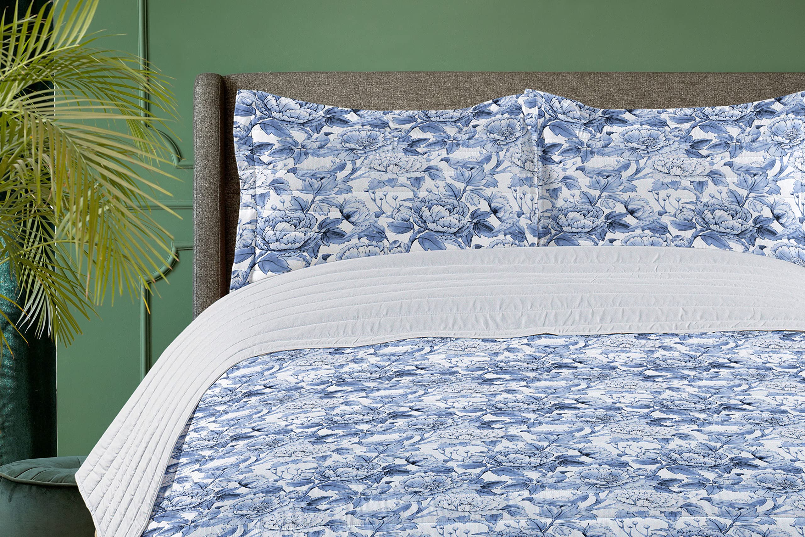 Ambesonne King Size Floral Microfiber Bedspread Set - Pastel Blue and White Blooming Peonies & Birds Design - Soft Comforter with Pillow Shams - Perfect for Spring Bedroom Decor, Guest Room Makeover & Cozy Home Styling