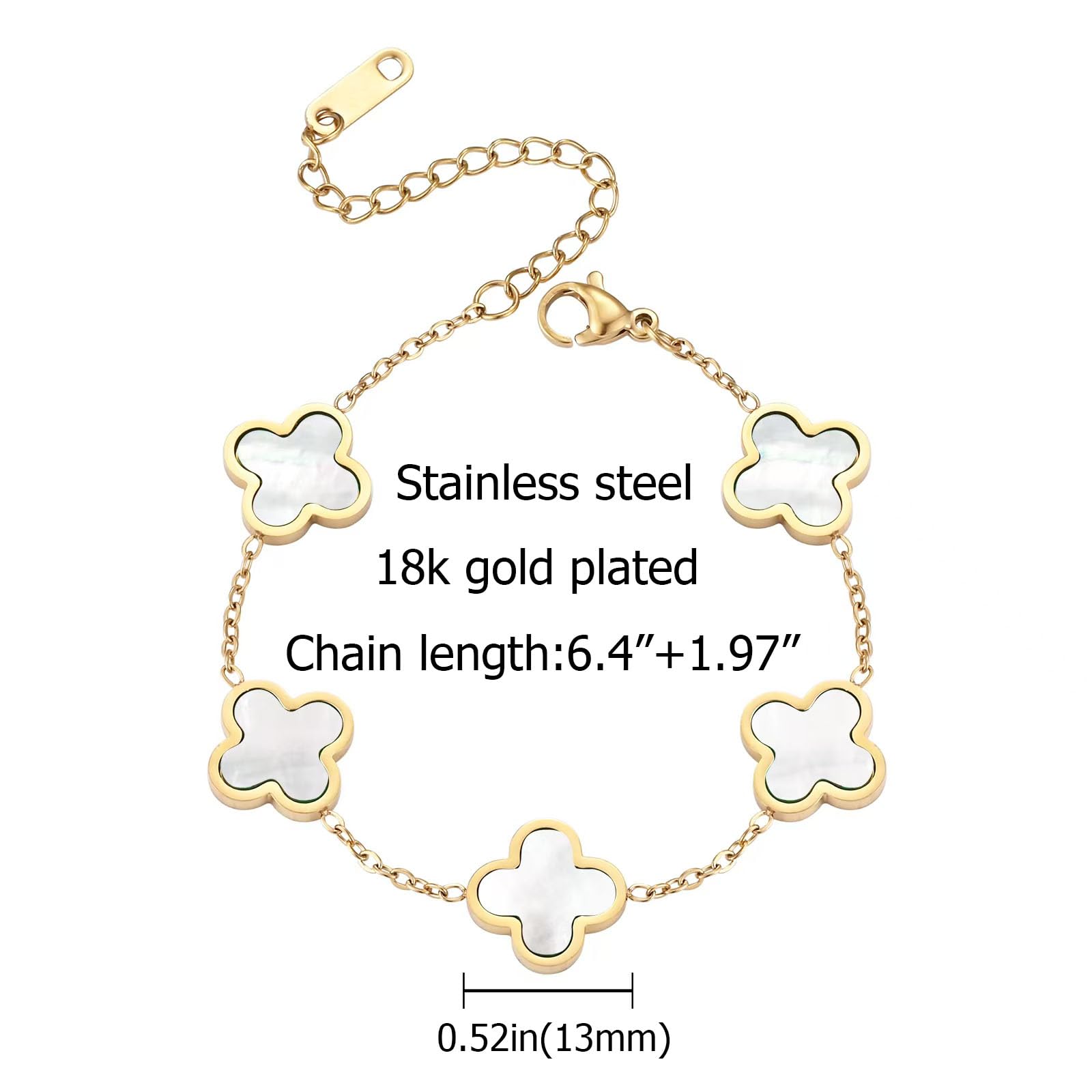 Lucky Clover Bracelet for Women - 18K Gold Plated 4 Leaf Clover Charm Bracelet in Black, White, Green & Red | Stylish Fashion Jewelry Gift for Her | Perfect for St. Patrick's Day, Birthday & Everyday Wear
