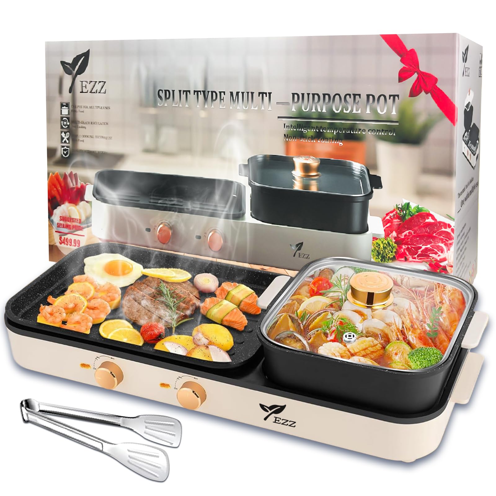 Electric Hot Pot with Grill - 2 in 1 Multi-Function Smokeless Shabu Shabu & Korean BBQ Grill for 2-10 People, Dual Temperature Control, Indoor Cooking - Perfect for Family Gatherings, Dinner Parties & Cozy Nights (Beige)