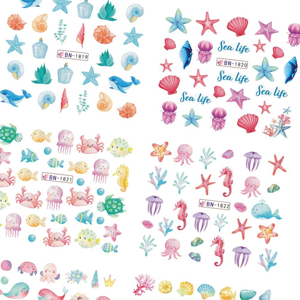 Ocean Nail Stickers - 12 Sheets Water Transfer Decals for Summer Nails | Starfish, Shark & Jellyfish Designs for DIY Manicures & Acrylic Nail Art