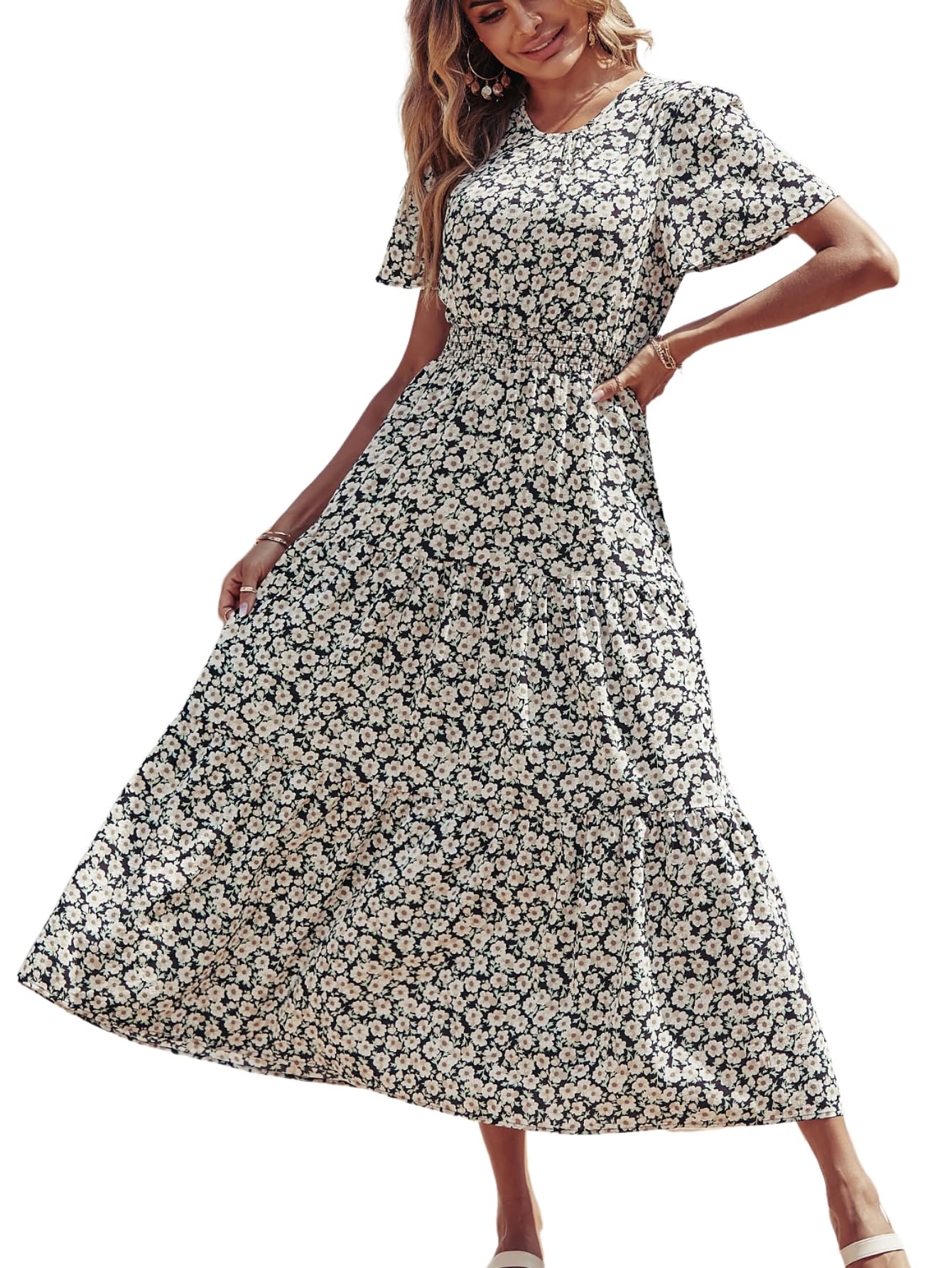 Floerns Women's Short Sleeve Boho Floral A-Line Smocked Midi Dress - Black Floral Print Size XL - Perfect for Summer Vacations, Beach Parties & Casual Outings