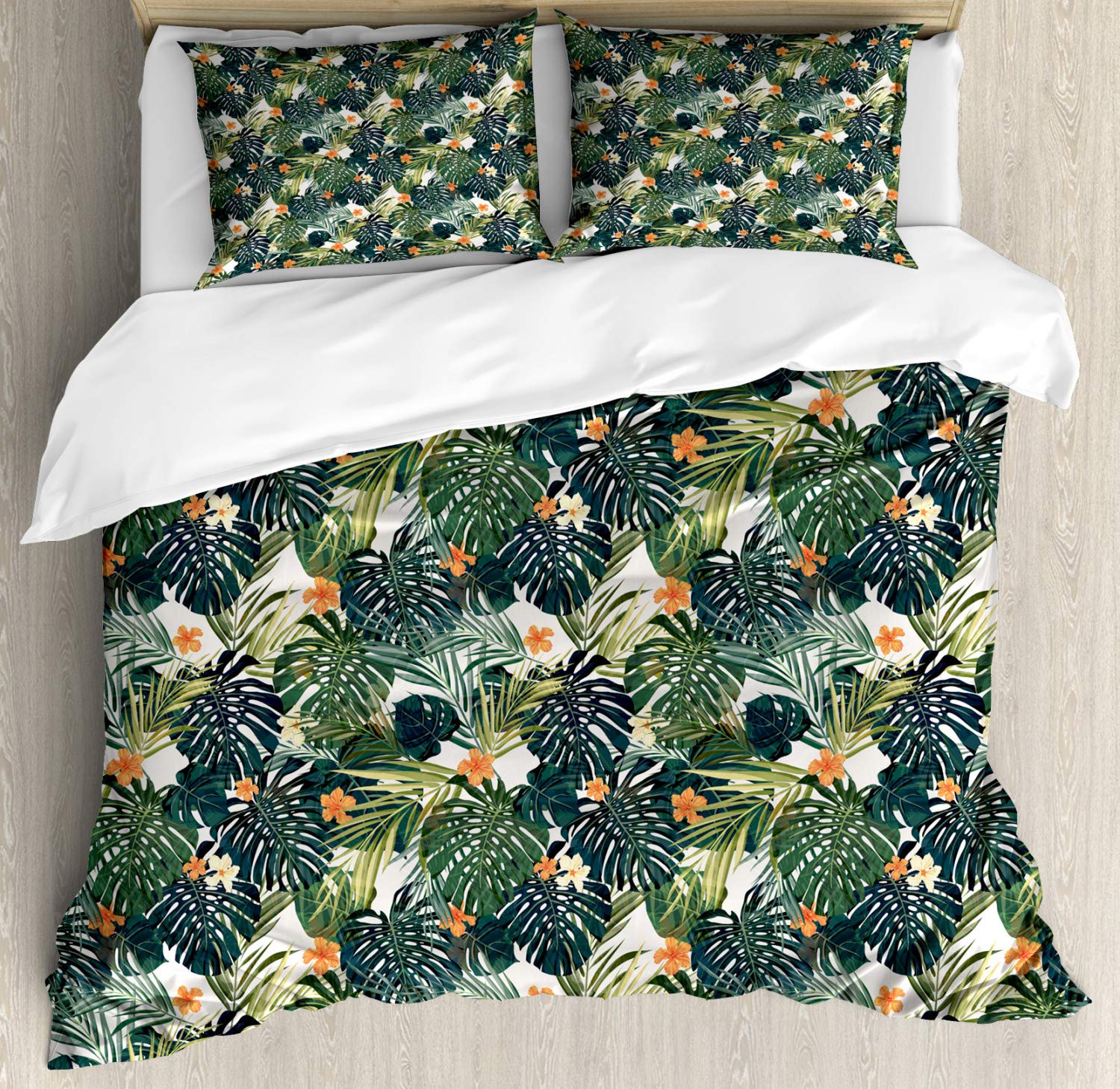 Ambesonne Hawaiian Summer King Size Duvet Cover Set - 2 Pack Tropical Aloha Print with Hibiscus Flowers, Teal & Orange, Includes 2 Duvet Covers & 4 Pillowcases | Perfect for Beach House, Vacation Home & Tropical Themed Bedroom Decor