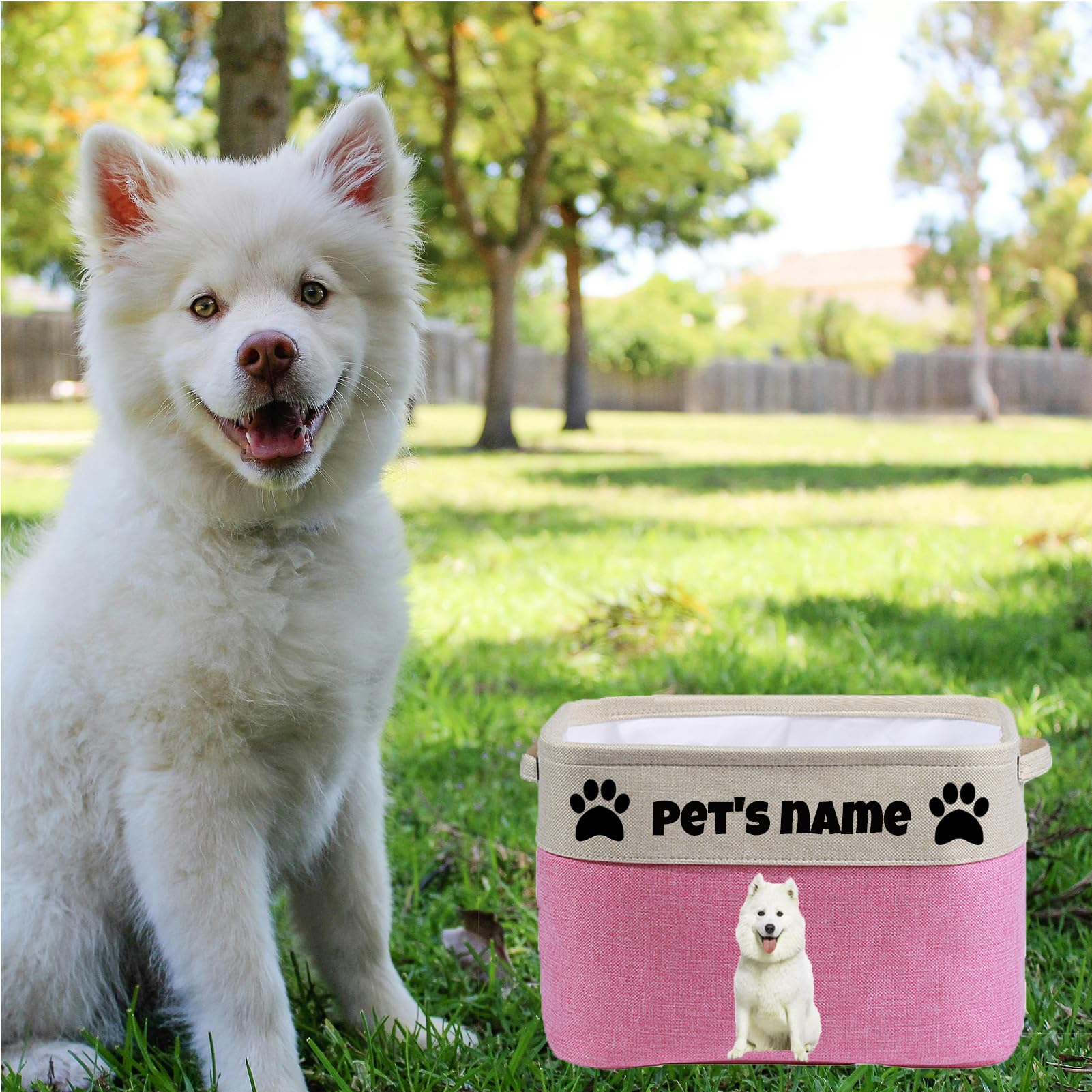 **Custom Personalized Dog Toy Basket with Pet's Picture & Name - Foldable Collapsible Pet Toy Storage Bin, Sturdy Dog Toy Organizer for Dog Clothes & Accessories (Pink) - Perfect for Home, Travel & Gifts**